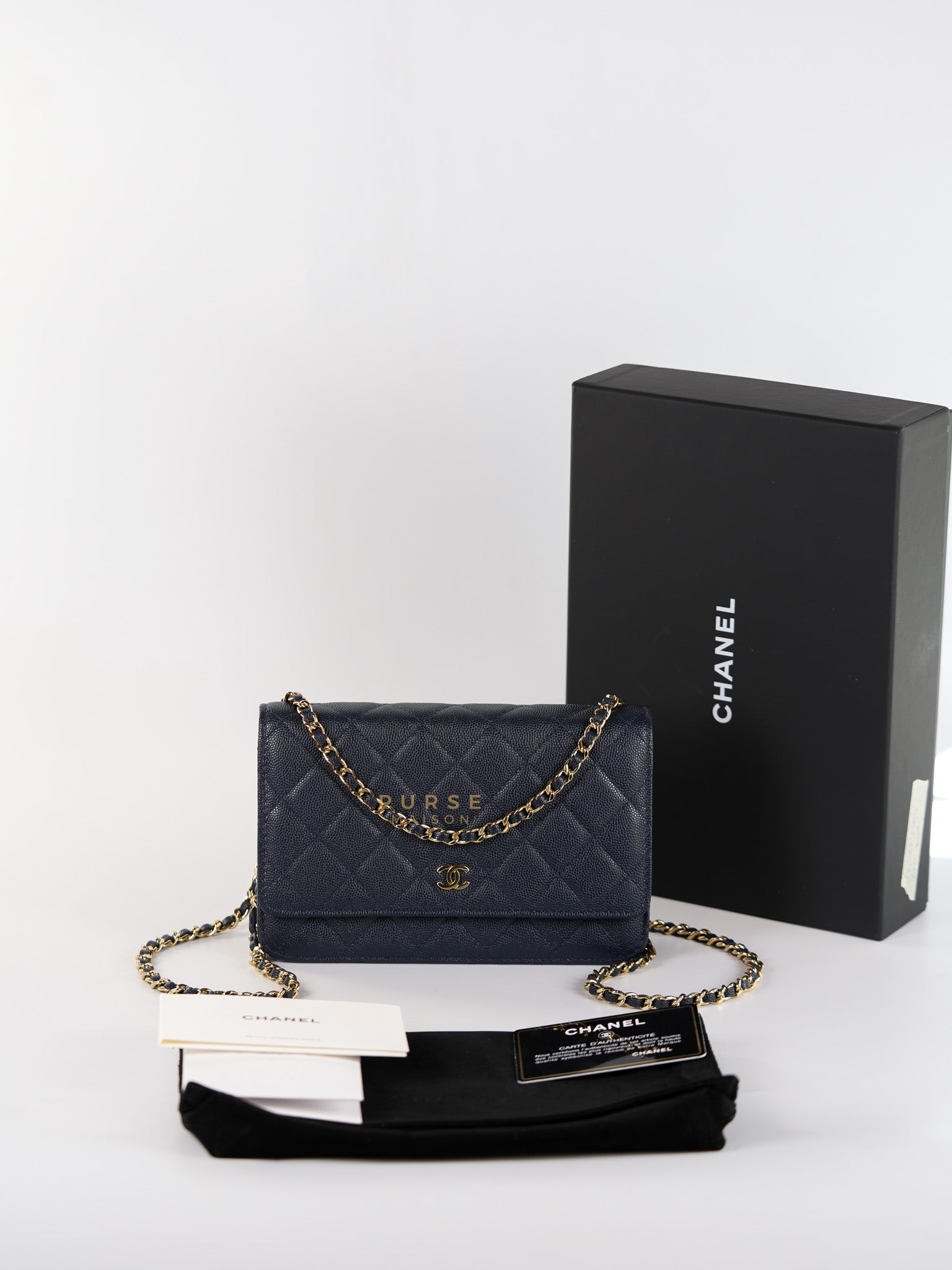 Wallet on Chain in Navy Blue Quilted Caviar Leather & Light Gold Hardware(Series 26) | Purse Maison Luxury Bags Shop