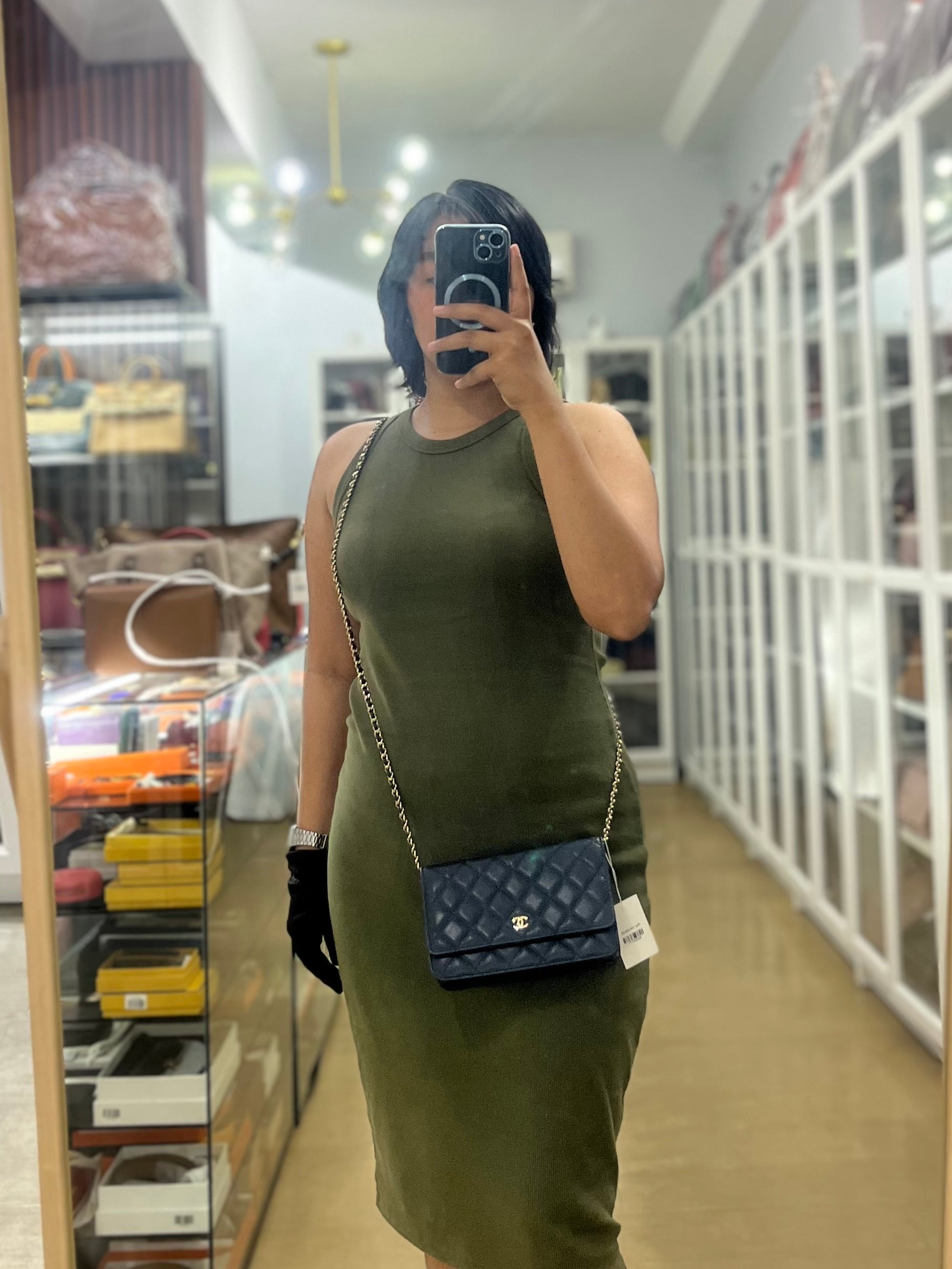 Wallet on Chain in Navy Blue Quilted Caviar Leather & Light Gold Hardware(Series 26) | Purse Maison Luxury Bags Shop