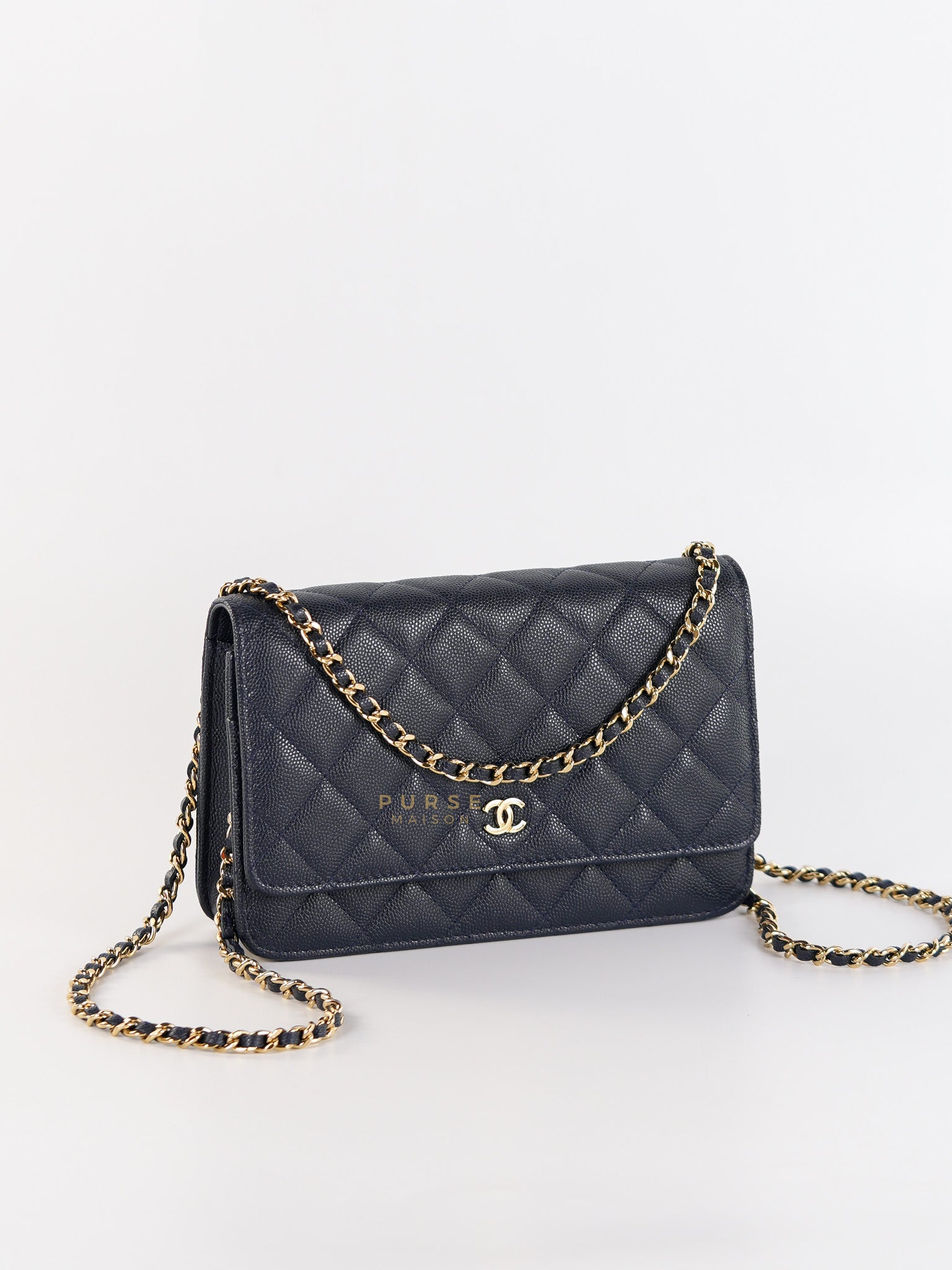 Wallet on Chain in Navy Blue Quilted Caviar Leather & Light Gold Hardware(Series 26) | Purse Maison Luxury Bags Shop