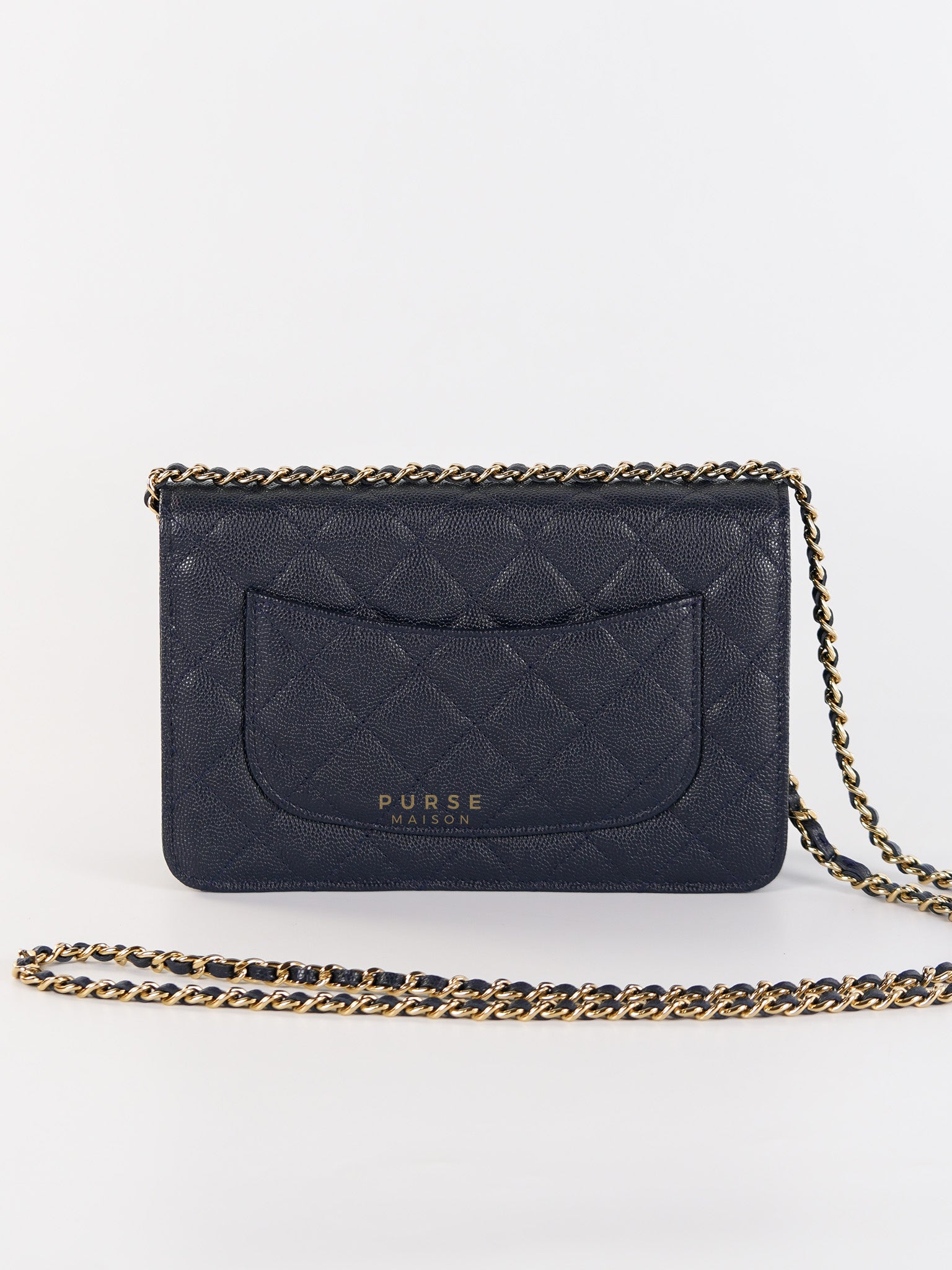 Wallet on Chain in Navy Blue Quilted Caviar Leather & Light Gold Hardware(Series 26) | Purse Maison Luxury Bags Shop
