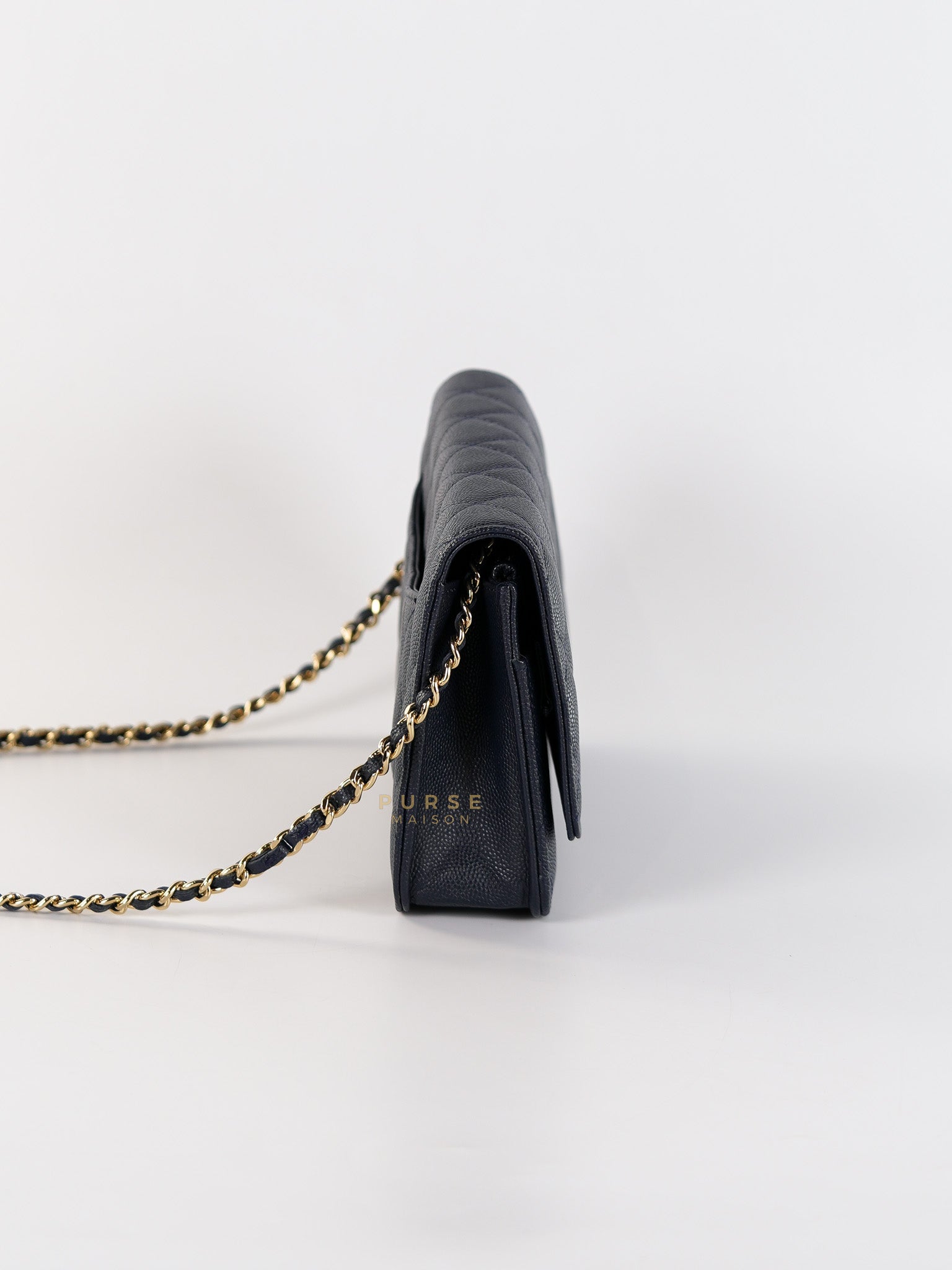 Wallet on Chain in Navy Blue Quilted Caviar Leather & Light Gold Hardware(Series 26) | Purse Maison Luxury Bags Shop