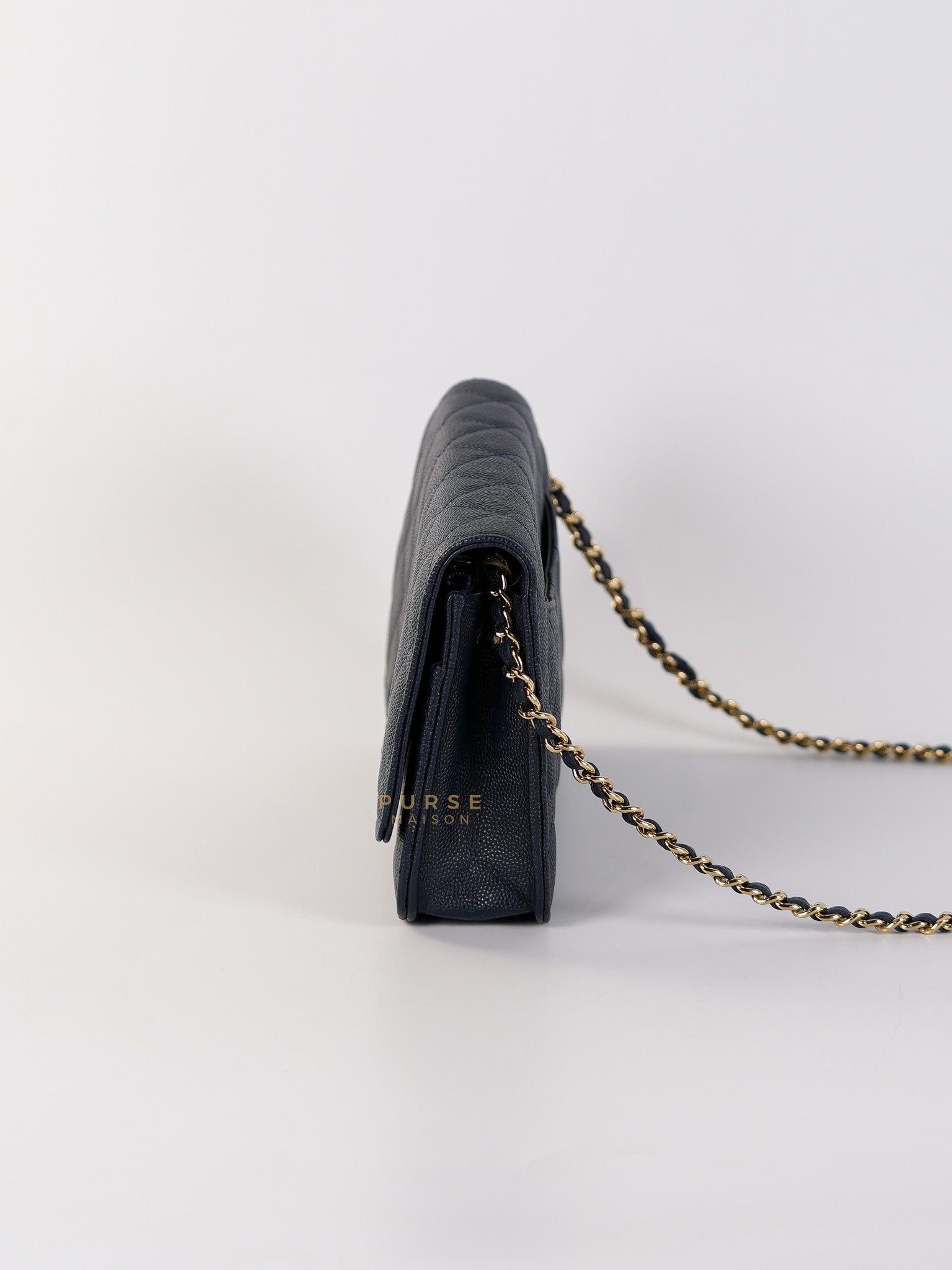Wallet on Chain in Navy Blue Quilted Caviar Leather & Light Gold Hardware(Series 26) | Purse Maison Luxury Bags Shop