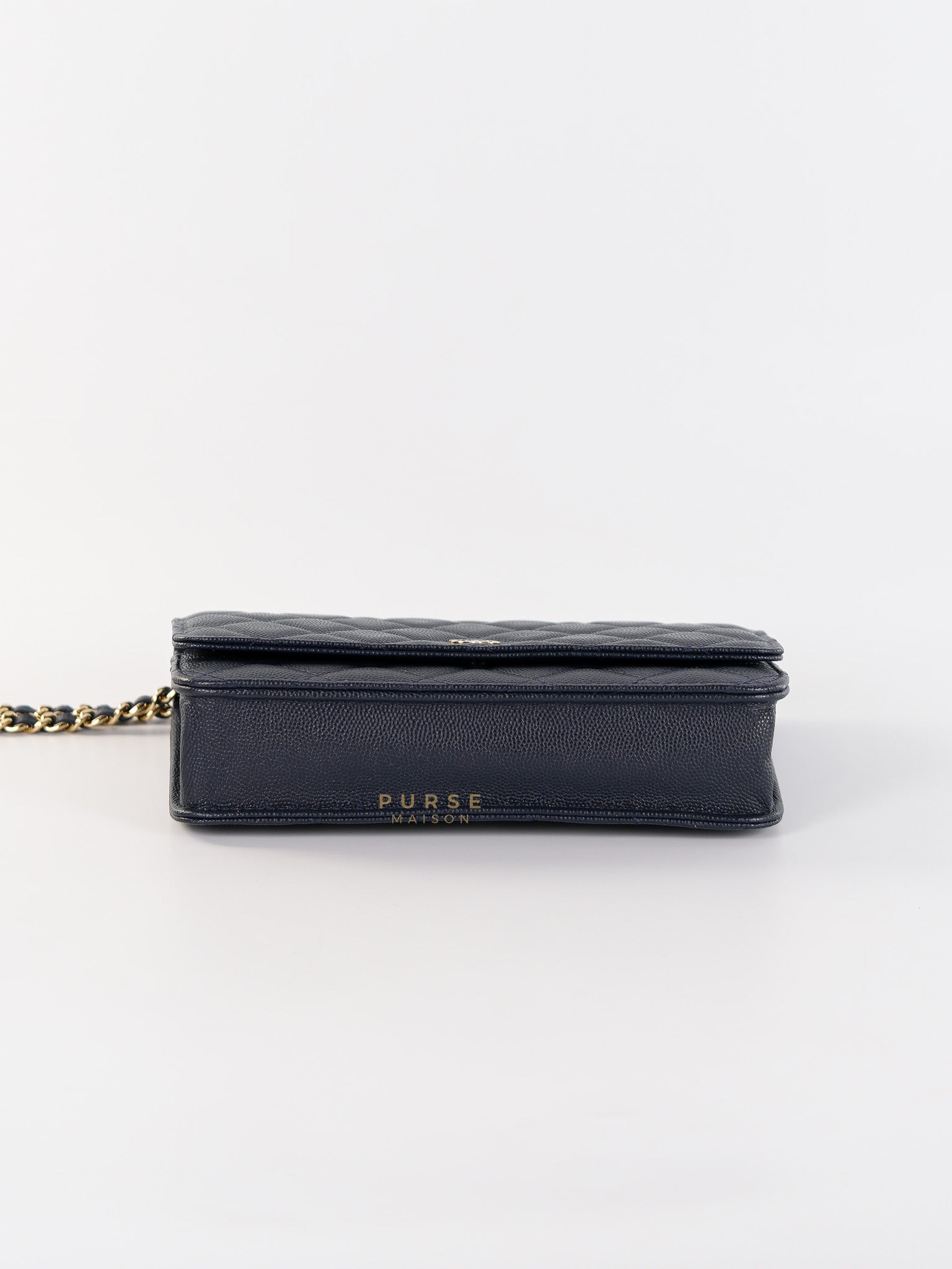 Wallet on Chain in Navy Blue Quilted Caviar Leather & Light Gold Hardware(Series 26) | Purse Maison Luxury Bags Shop