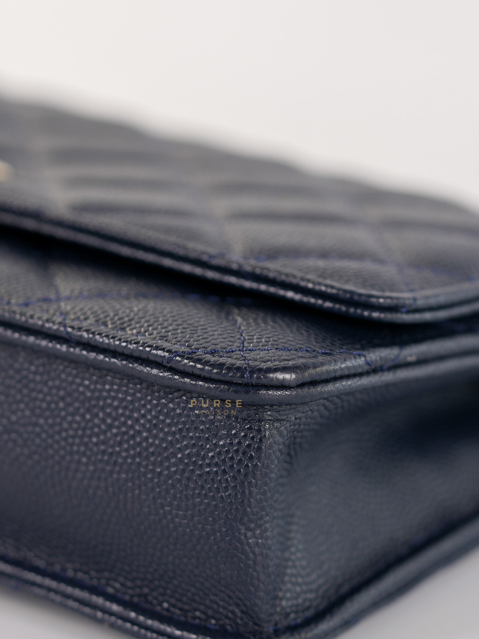 Wallet on Chain in Navy Blue Quilted Caviar Leather & Light Gold Hardware(Series 26) | Purse Maison Luxury Bags Shop