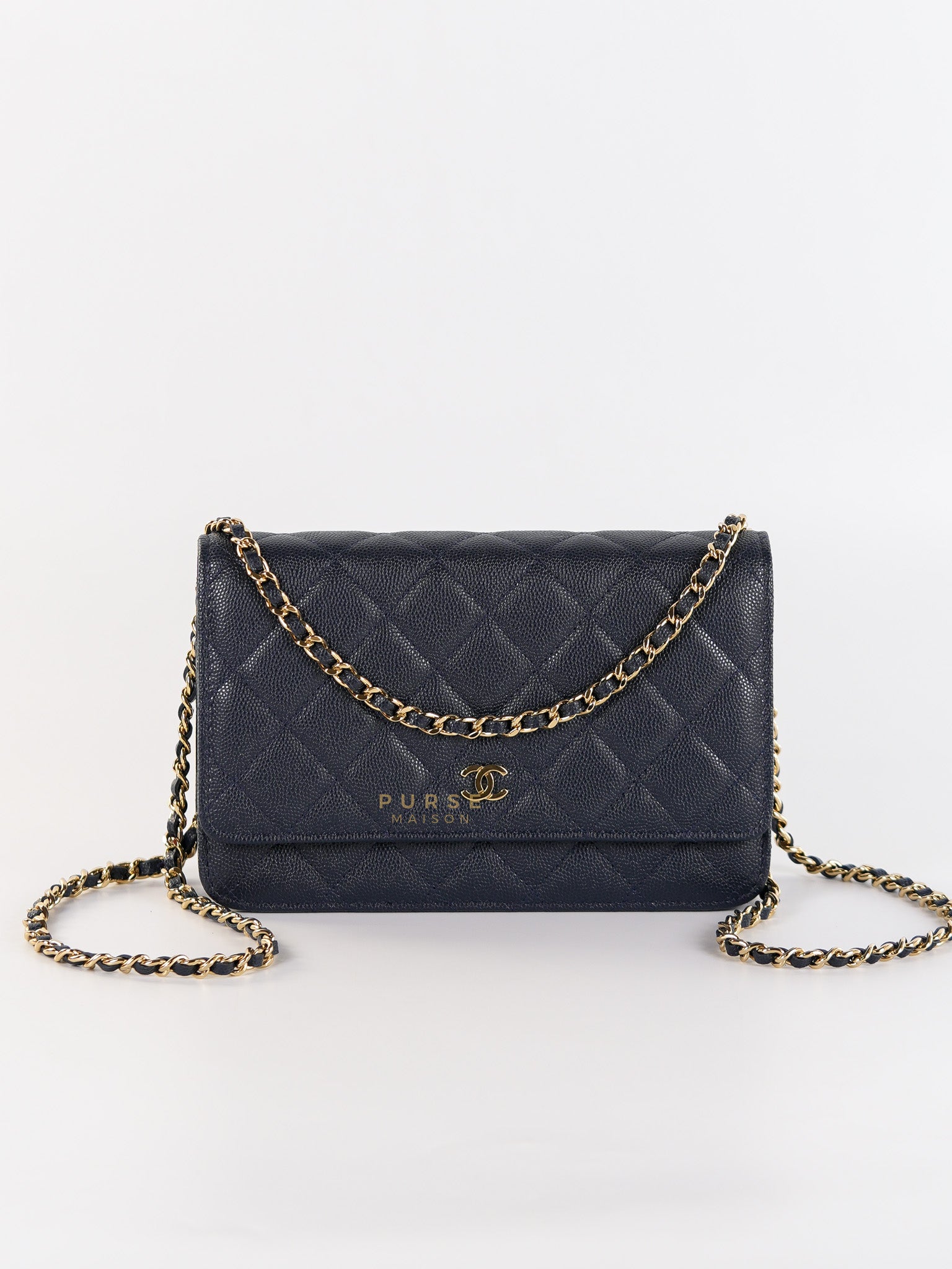 Wallet on Chain in Navy Blue Quilted Caviar Leather & Light Gold Hardware(Series 26) | Purse Maison Luxury Bags Shop