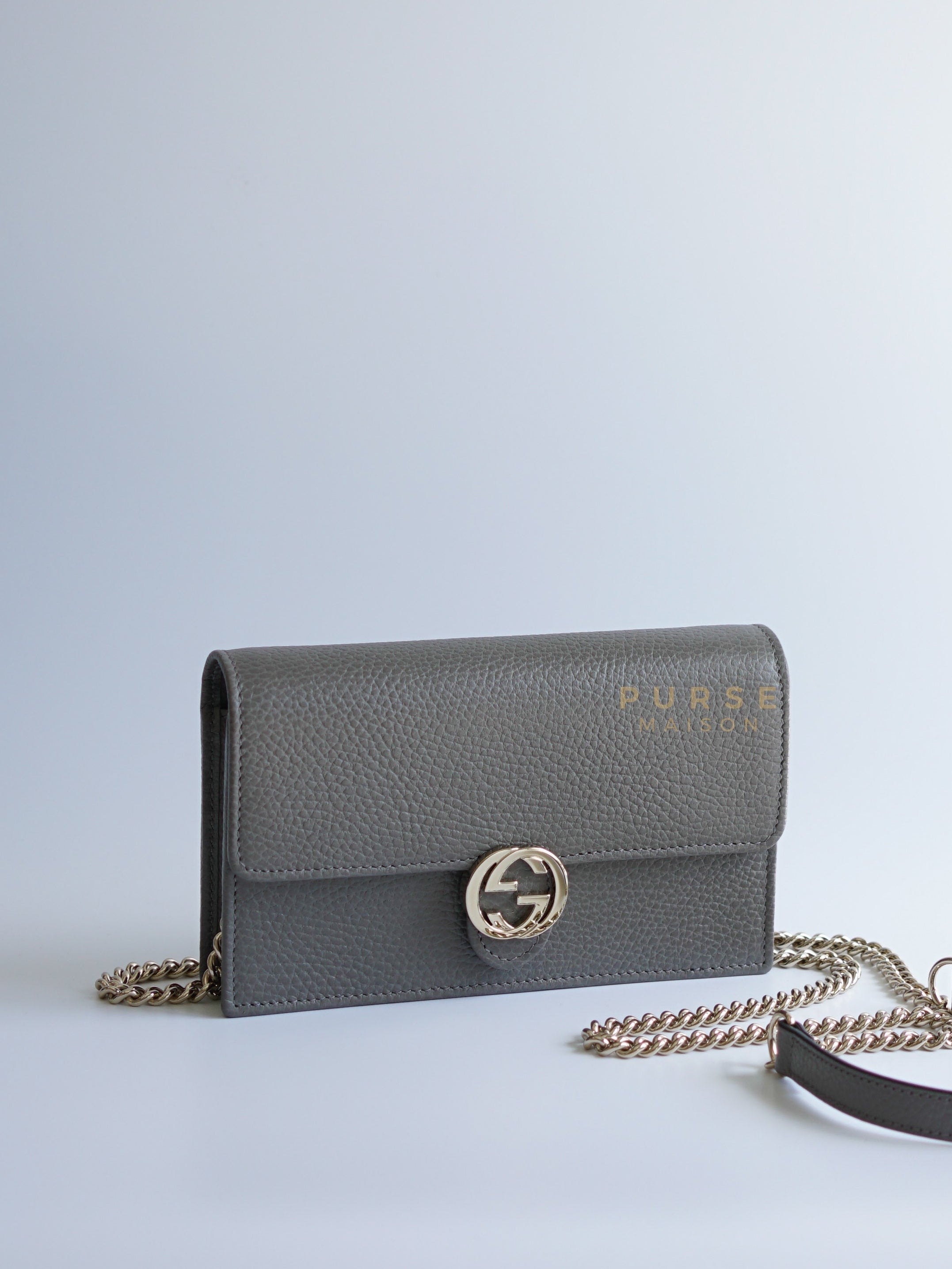 Wallet on Chain Interlocking in Gray Leather Crossbody Bag | Purse Maison Luxury Bags Shop