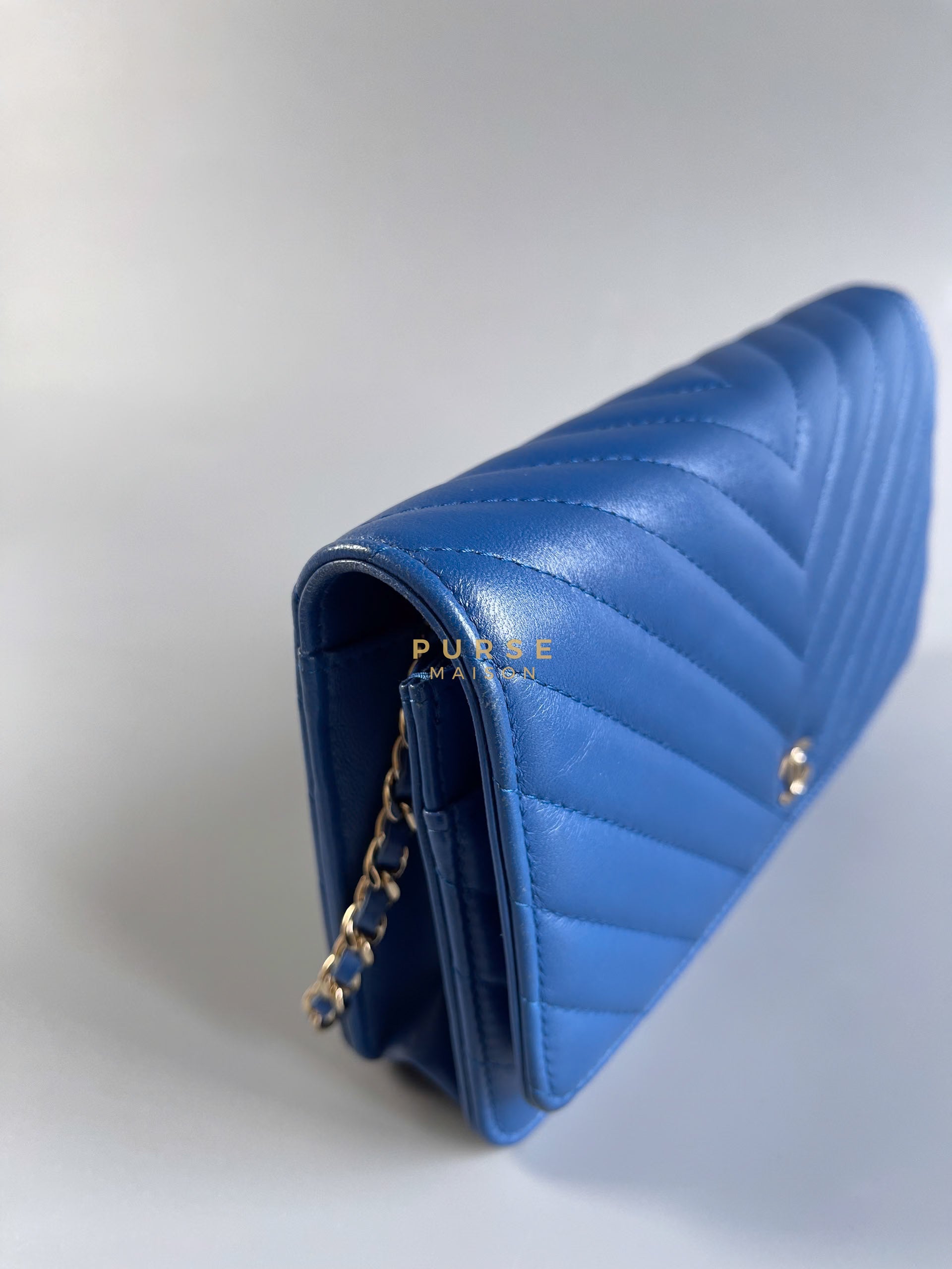 Wallet on Chain Royal Blue Chevron Lambskin & Light Gold Hardware Series 27 | Purse Maison Luxury Bags Shop