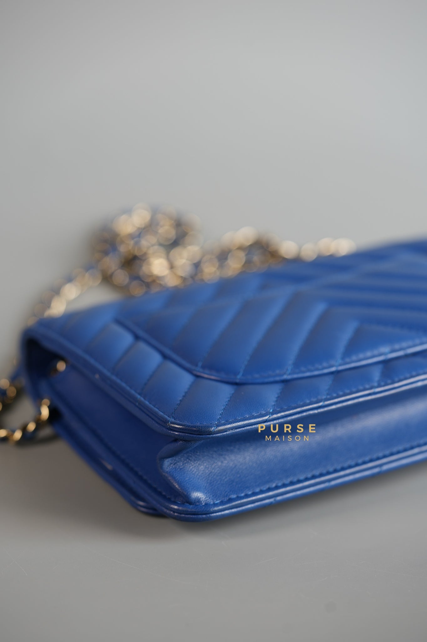 Wallet on Chain Royal Blue Chevron Lambskin & Light Gold Hardware Series 27 | Purse Maison Luxury Bags Shop