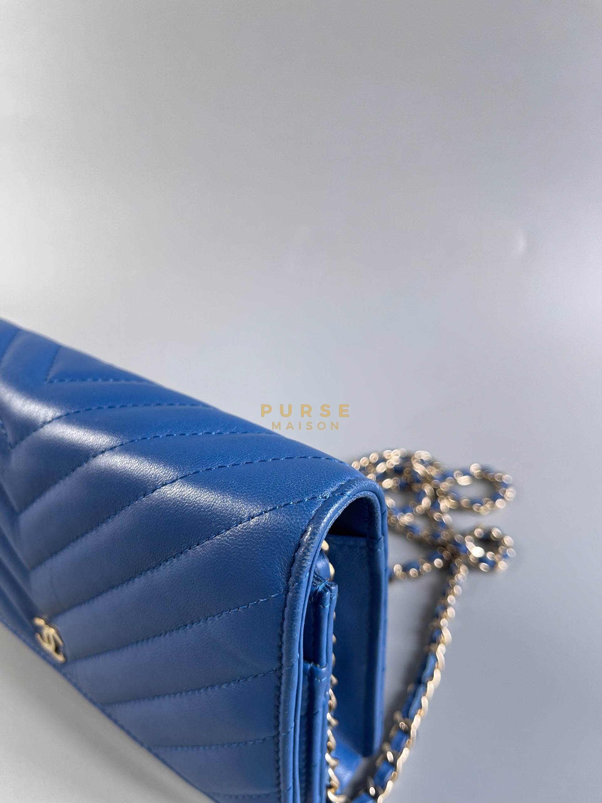Wallet on Chain Royal Blue Chevron Lambskin & Light Gold Hardware Series 27 | Purse Maison Luxury Bags Shop