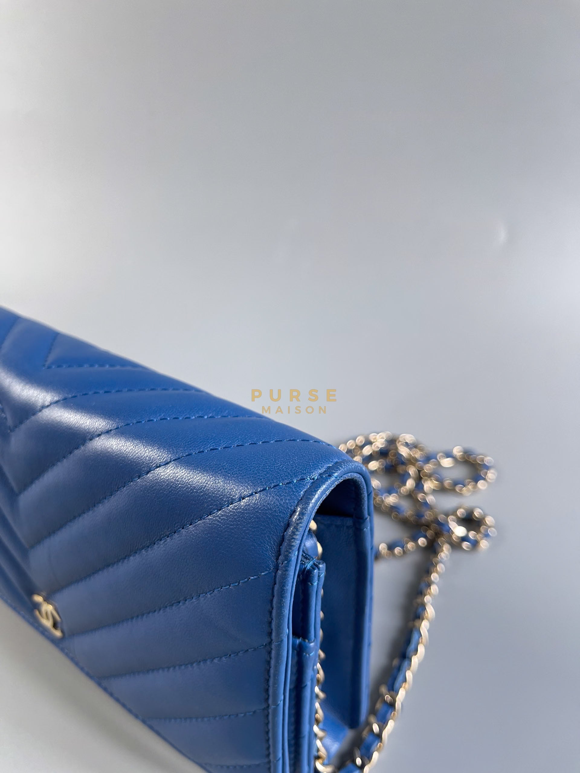 Wallet on Chain Royal Blue Chevron Lambskin & Light Gold Hardware Series 27 | Purse Maison Luxury Bags Shop