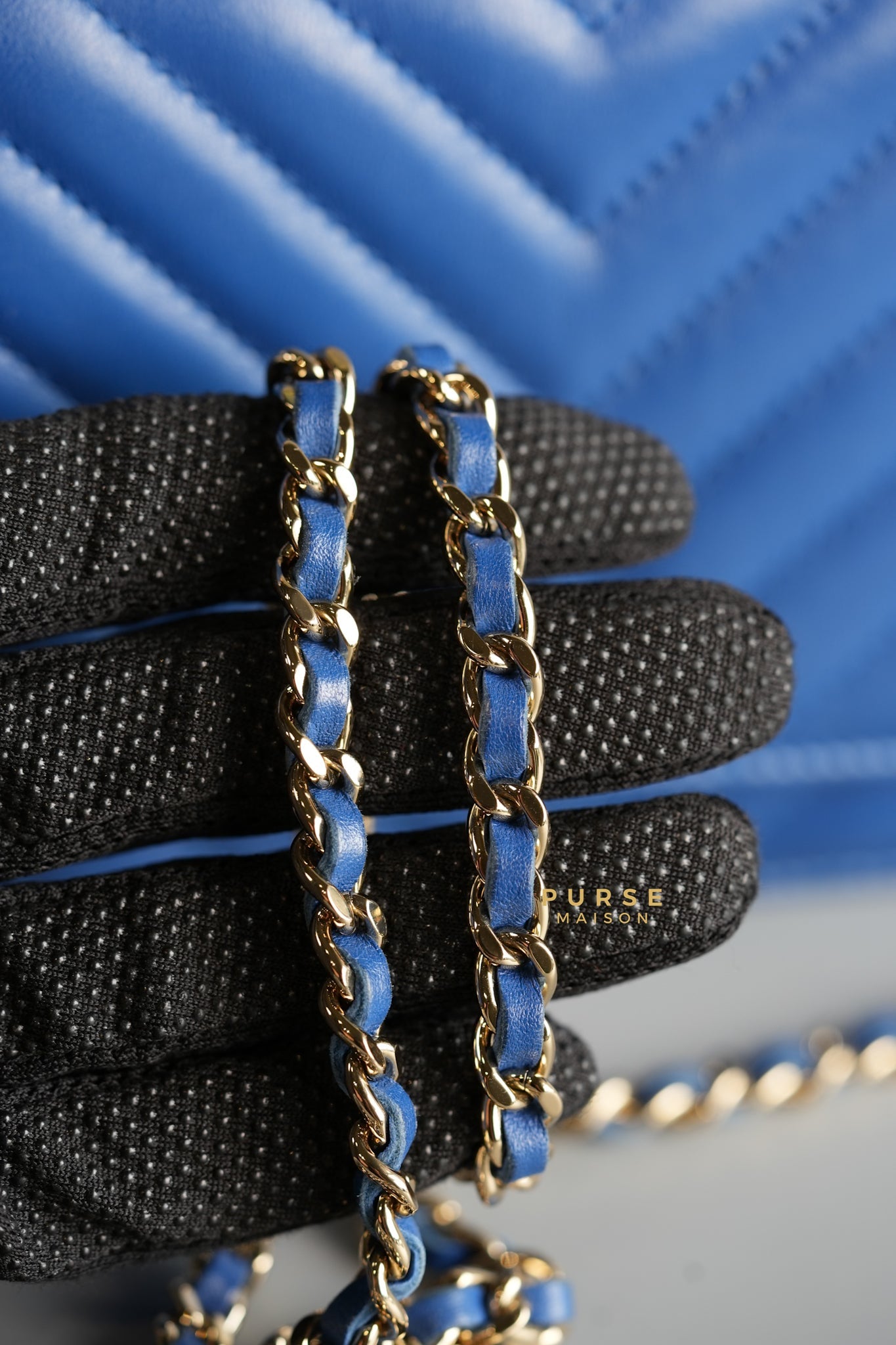 Wallet on Chain Royal Blue Chevron Lambskin & Light Gold Hardware Series 27 | Purse Maison Luxury Bags Shop