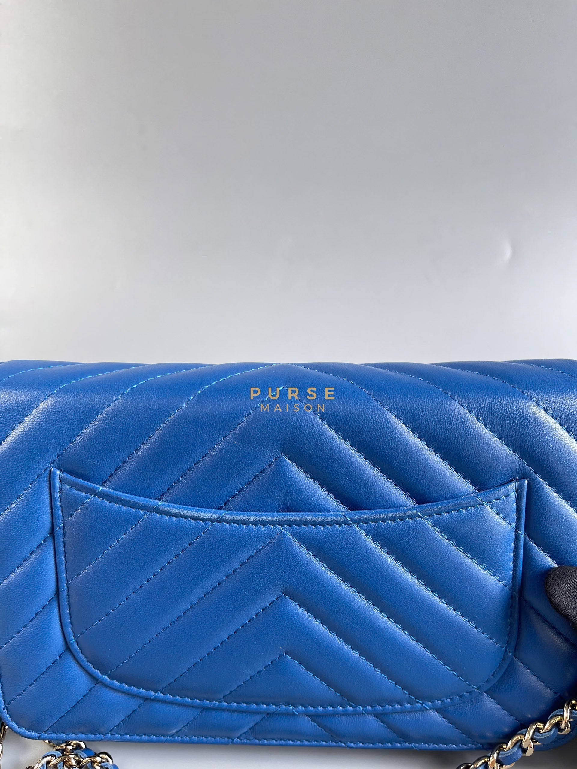 Wallet on Chain Royal Blue Chevron Lambskin & Light Gold Hardware Series 27 | Purse Maison Luxury Bags Shop