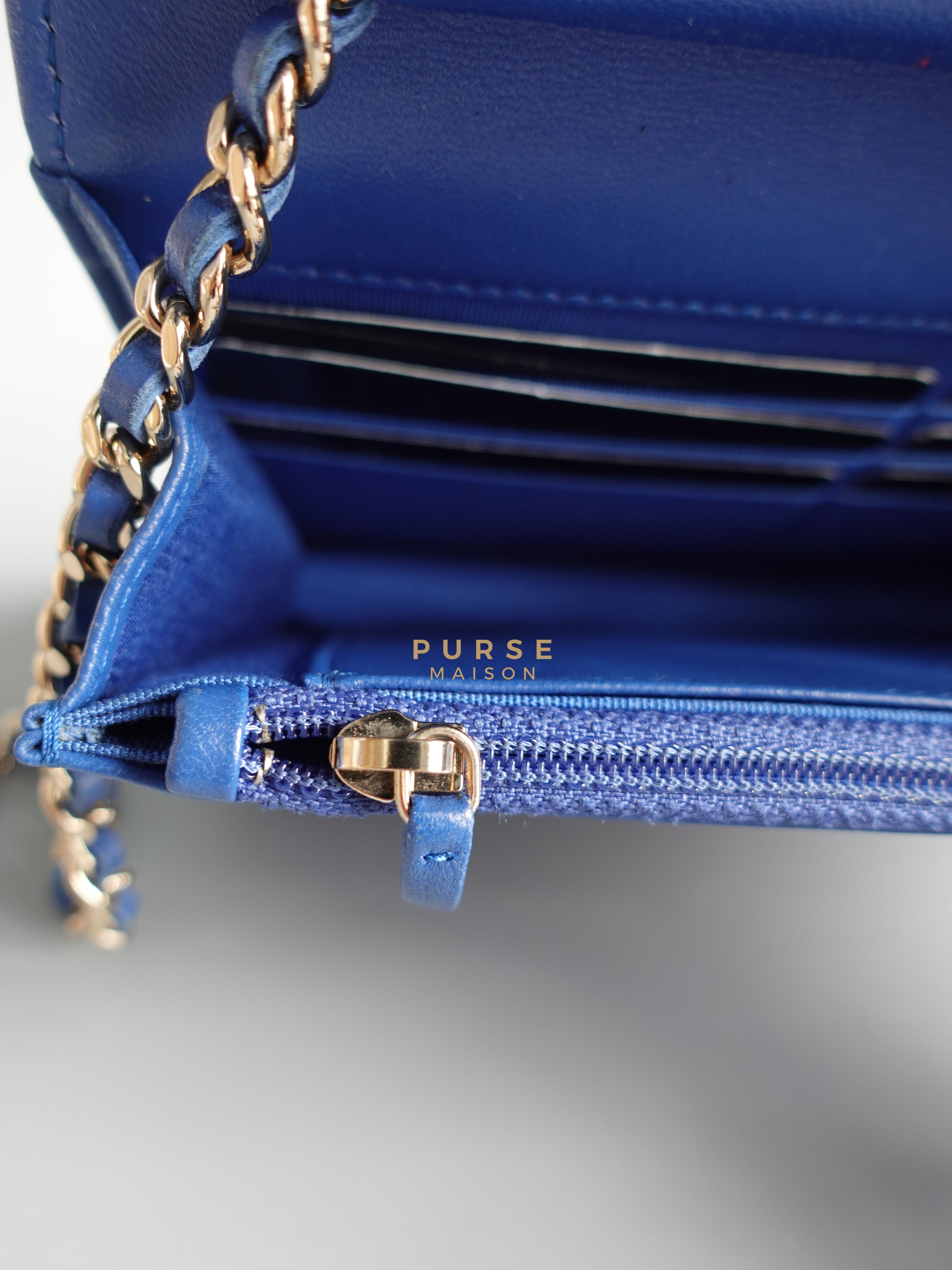 Wallet on Chain Royal Blue Chevron Lambskin & Light Gold Hardware Series 27 | Purse Maison Luxury Bags Shop