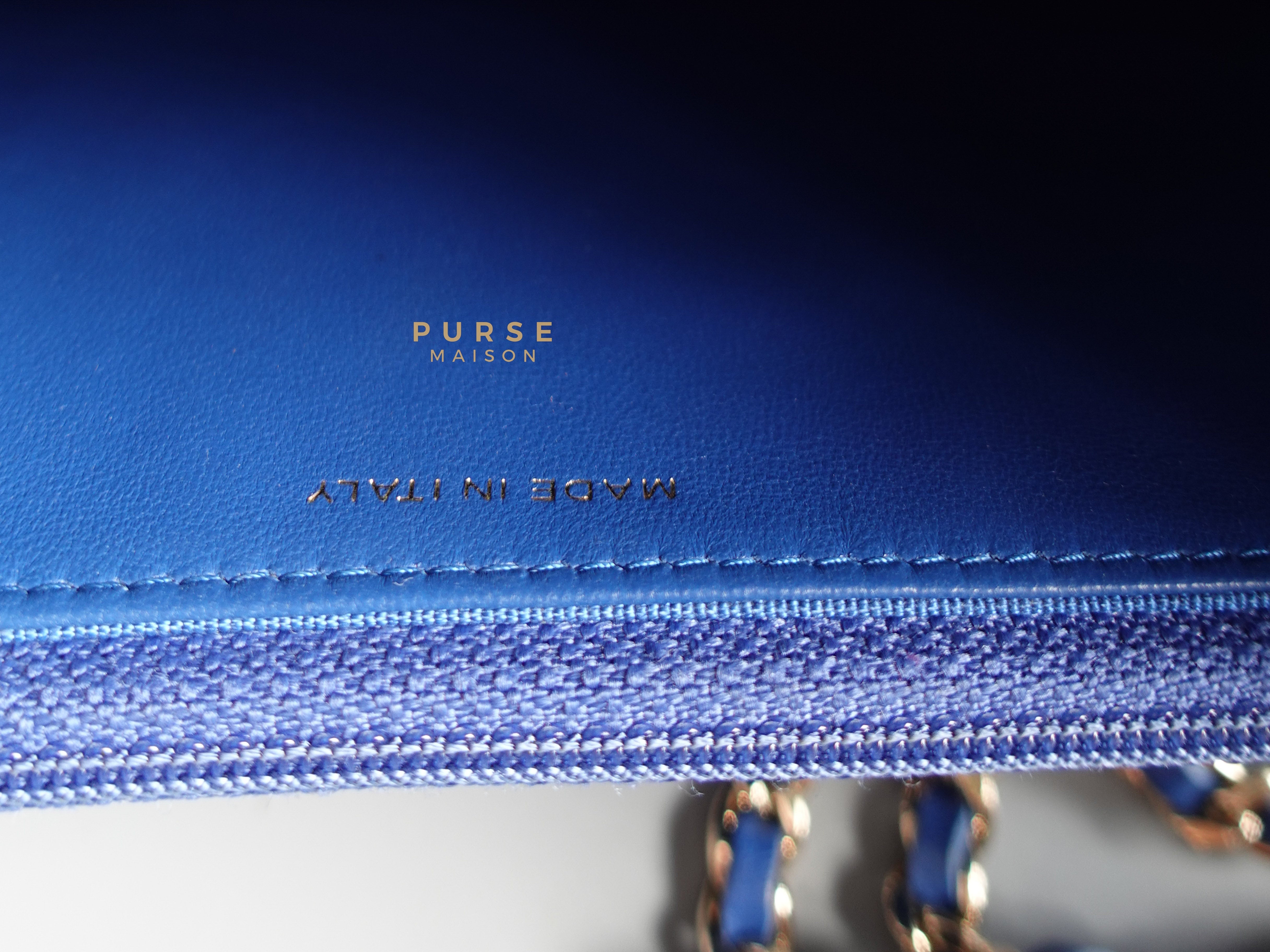 Wallet on Chain Royal Blue Chevron Lambskin & Light Gold Hardware Series 27 | Purse Maison Luxury Bags Shop