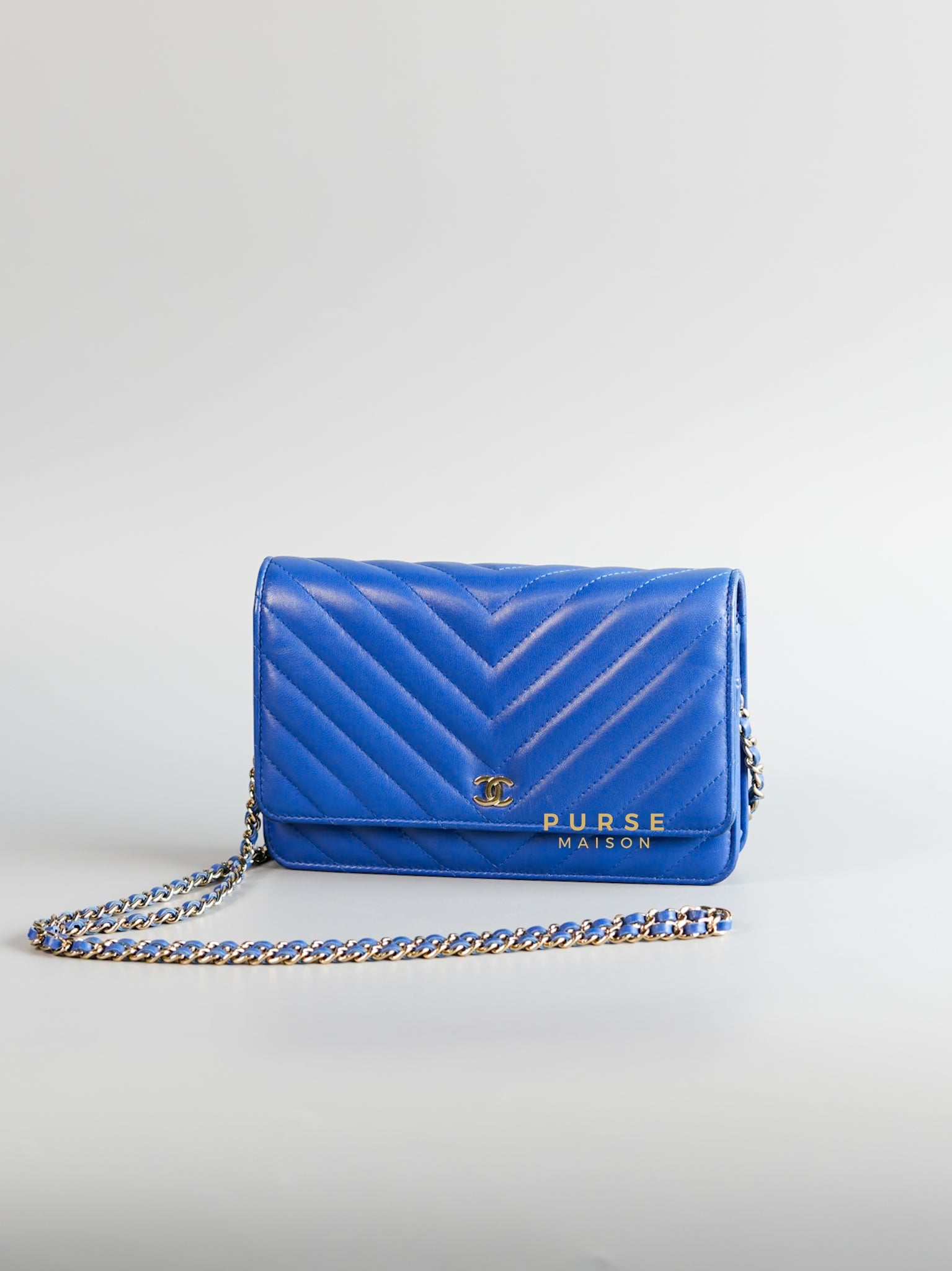 Wallet on Chain Royal Blue Chevron Lambskin & Light Gold Hardware Series 27 | Purse Maison Luxury Bags Shop