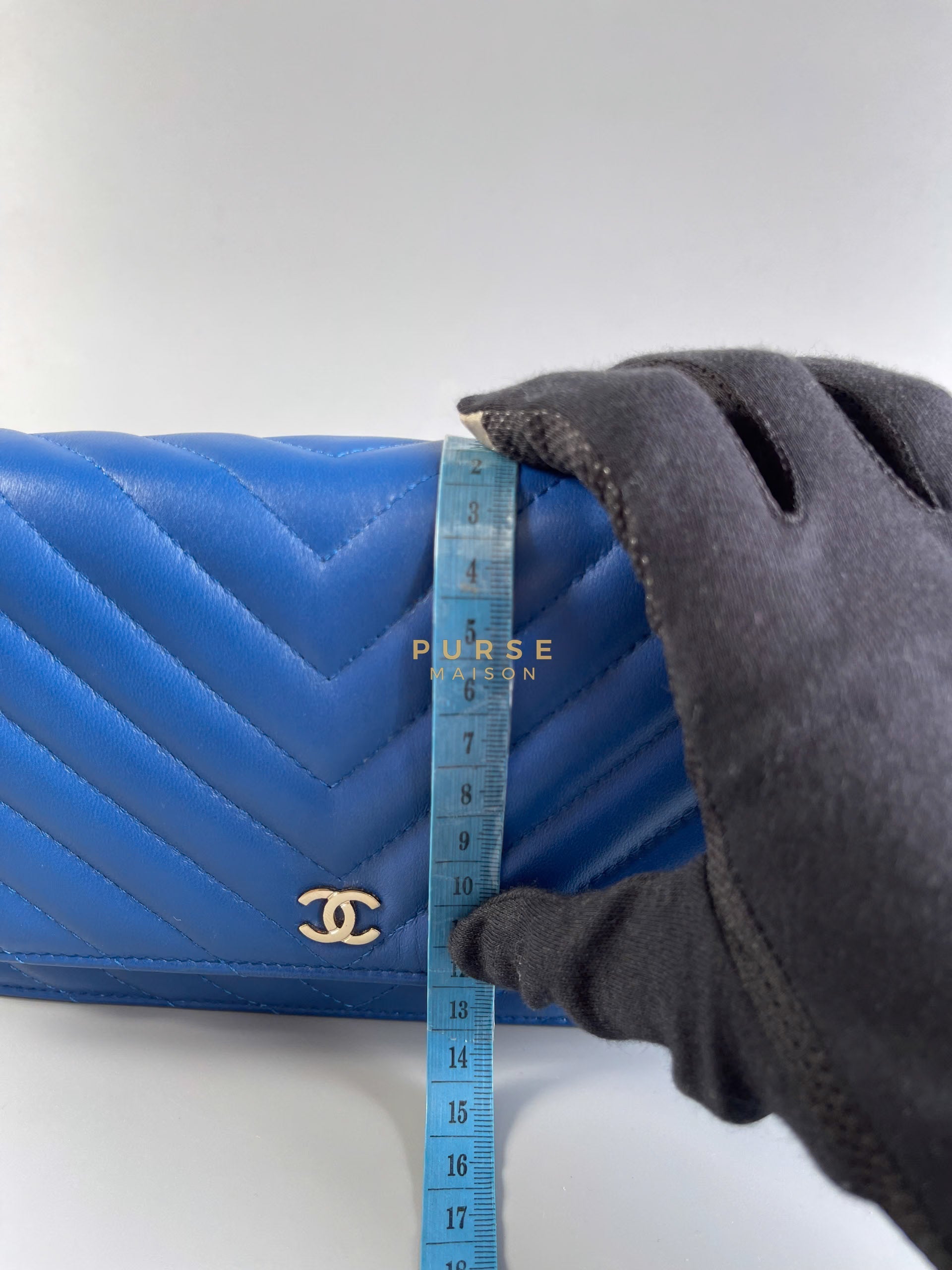 Wallet on Chain Royal Blue Chevron Lambskin & Light Gold Hardware Series 27 | Purse Maison Luxury Bags Shop