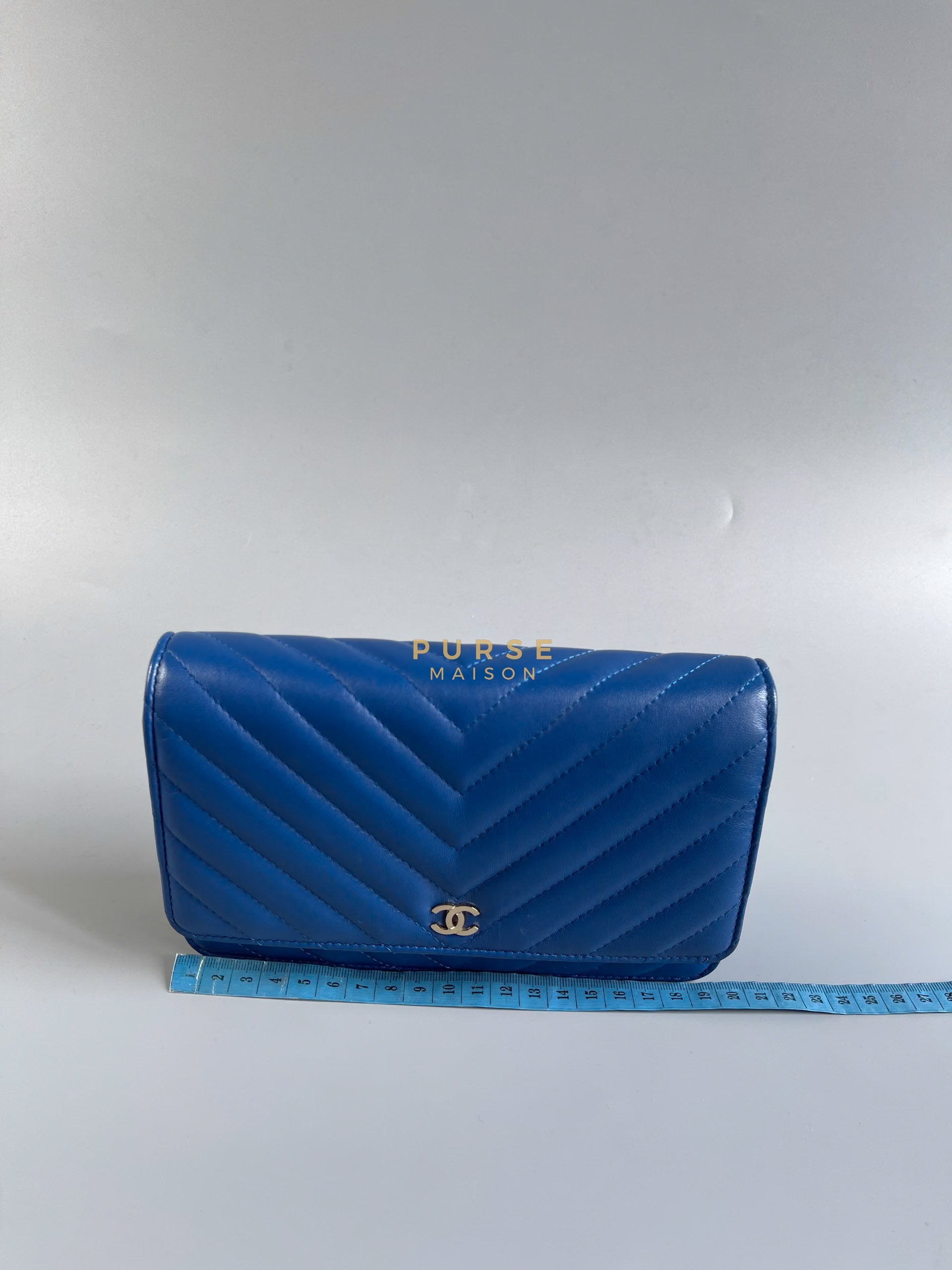 Wallet on Chain Royal Blue Chevron Lambskin & Light Gold Hardware Series 27 | Purse Maison Luxury Bags Shop