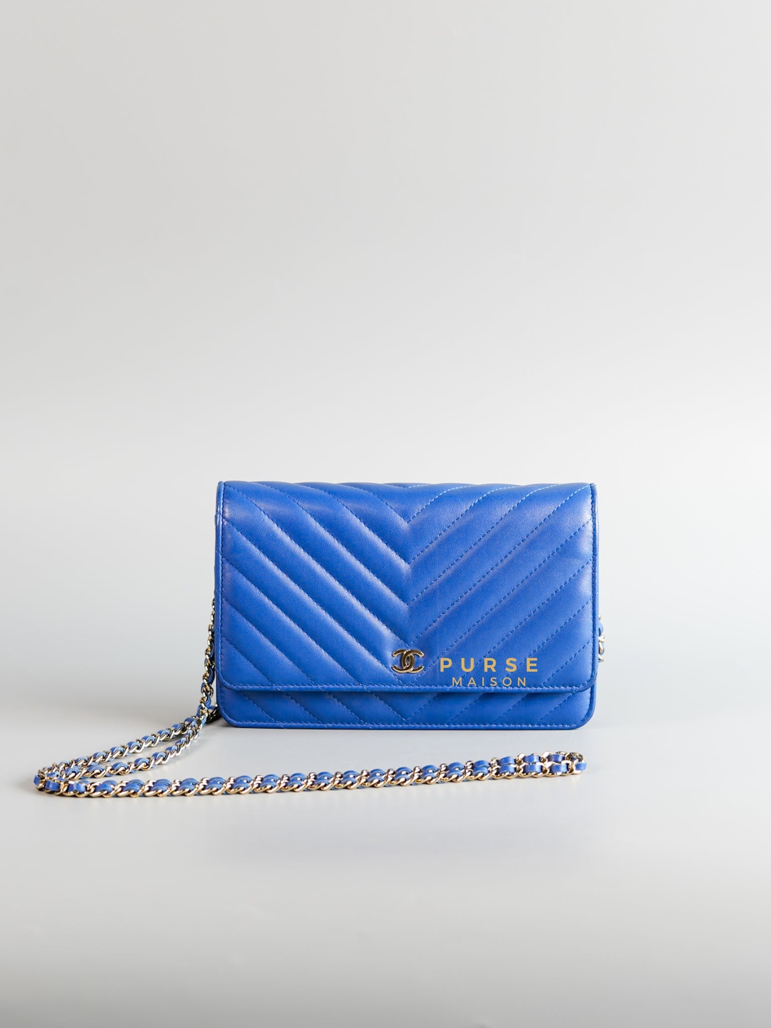 Wallet on Chain Royal Blue Chevron Lambskin & Light Gold Hardware Series 27 | Purse Maison Luxury Bags Shop