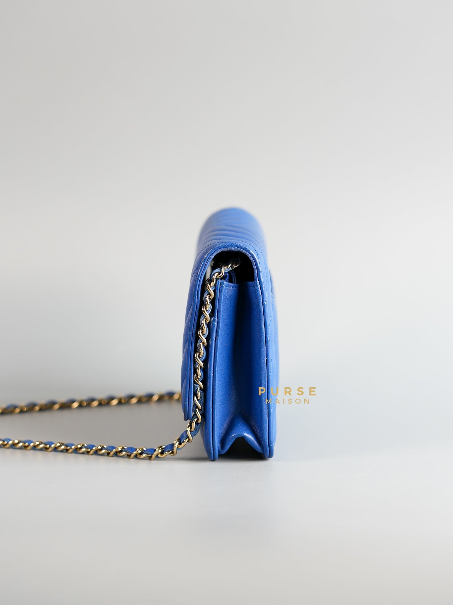 Wallet on Chain Royal Blue Chevron Lambskin & Light Gold Hardware Series 27 | Purse Maison Luxury Bags Shop