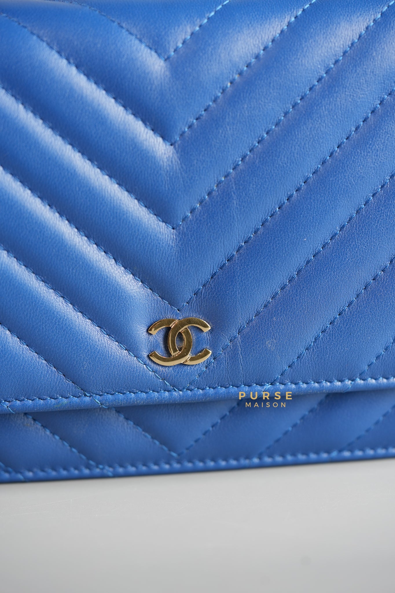 Wallet on Chain Royal Blue Chevron Lambskin & Light Gold Hardware Series 27 | Purse Maison Luxury Bags Shop