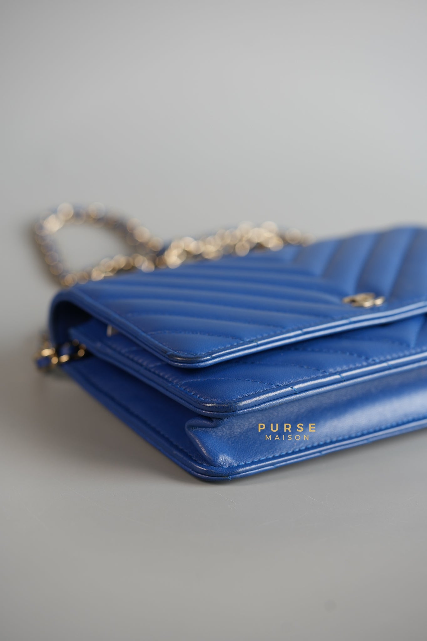 Wallet on Chain Royal Blue Chevron Lambskin & Light Gold Hardware Series 27 | Purse Maison Luxury Bags Shop