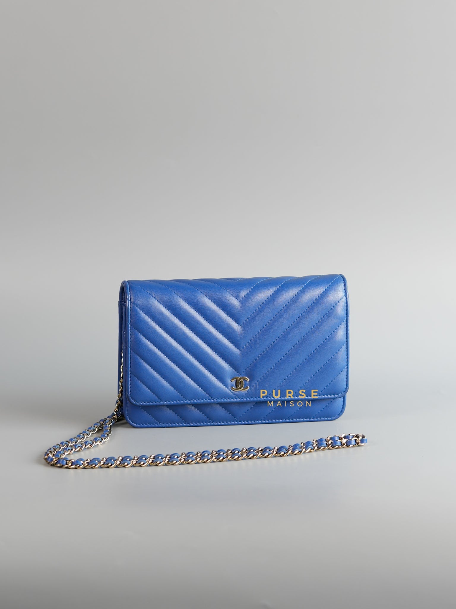 Wallet on Chain Royal Blue Chevron Lambskin & Light Gold Hardware Series 27 | Purse Maison Luxury Bags Shop