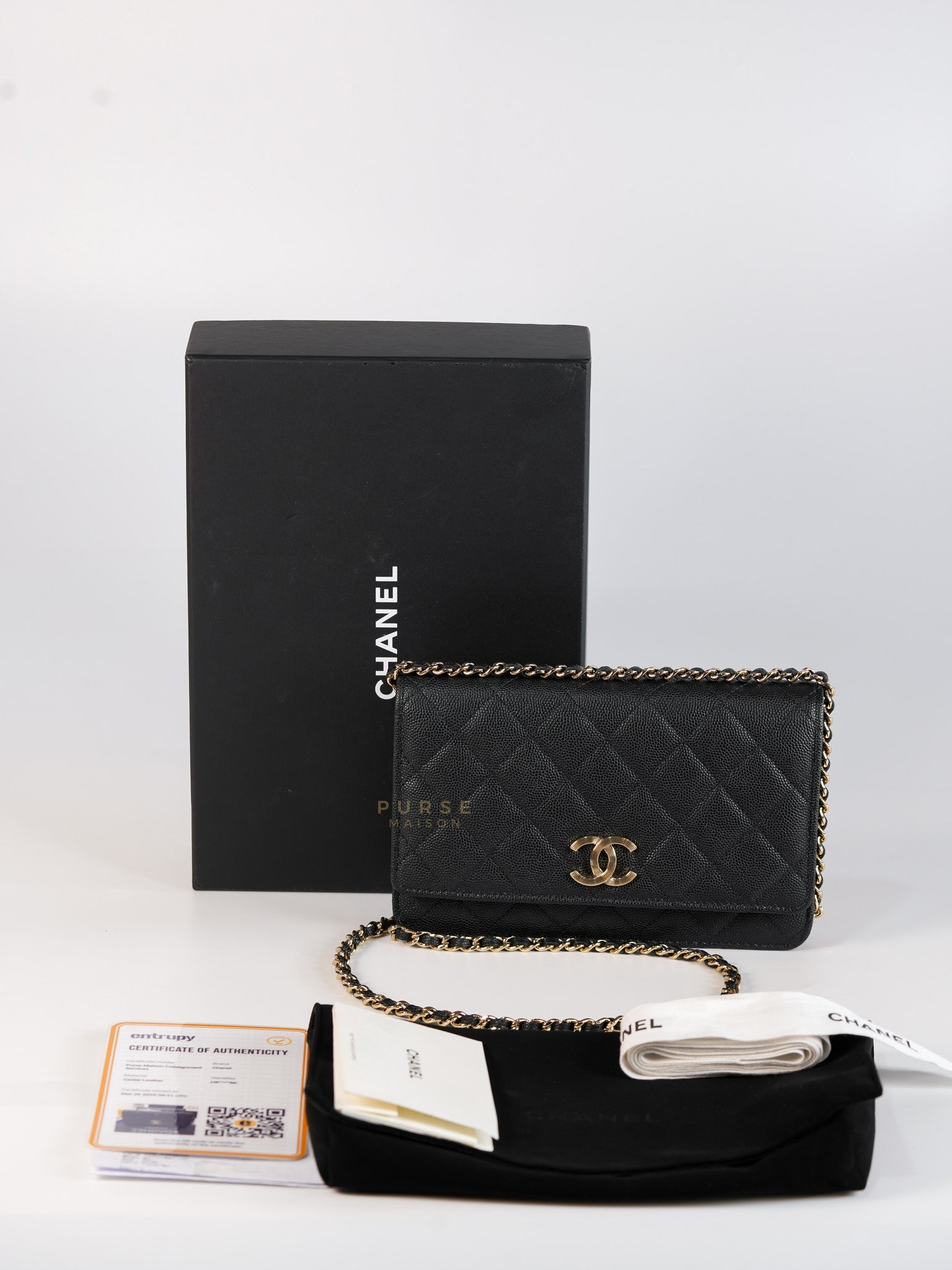 Wallet on Chain Small in Black Caviar Leather(Microchip) | Purse Maison Luxury Bags Shop