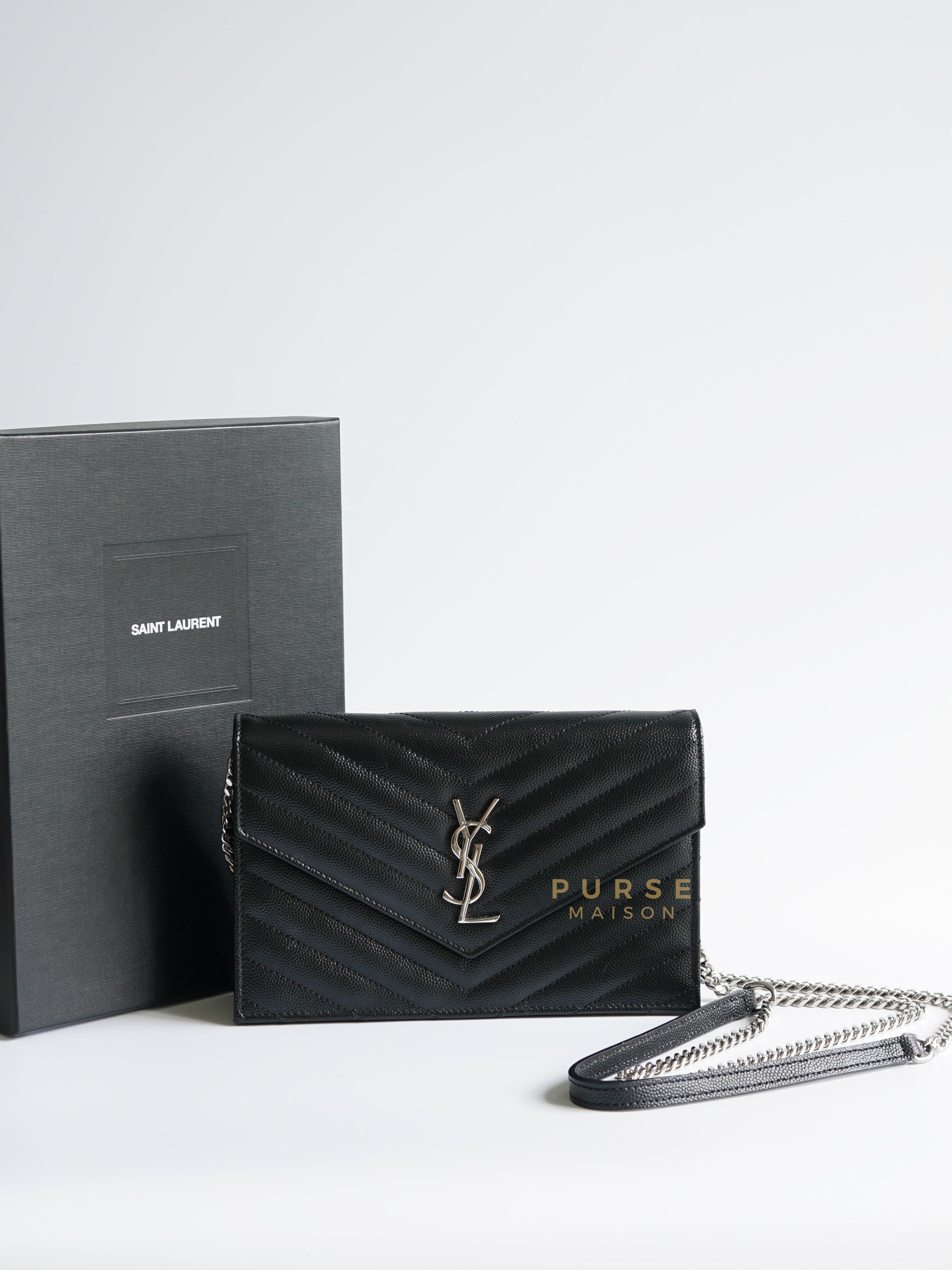 Wallet on Chain Small in Monogram Grain Black Leather and Silver Hardware | Purse Maison Luxury Bags Shop
