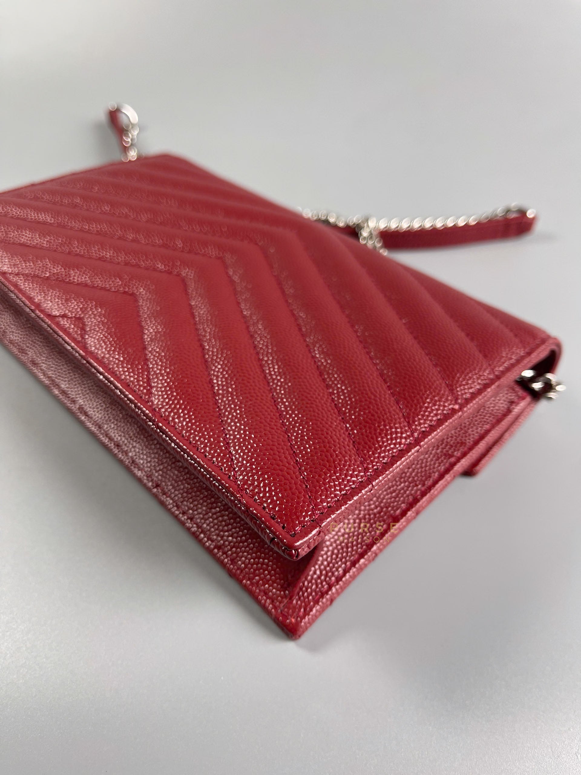 Wallet on Chain Small in Monogram Grain Red Leather and Silver Hardware | Purse Maison Luxury Bags Shop