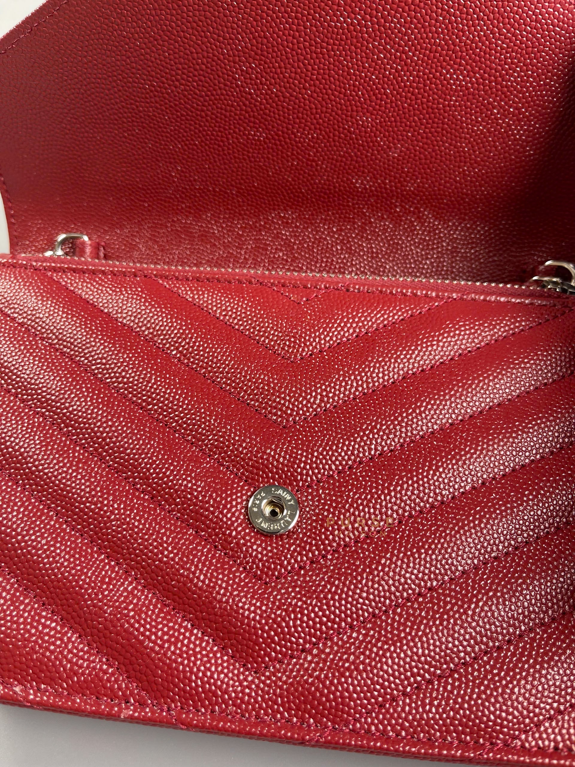 Wallet on Chain Small in Monogram Grain Red Leather and Silver Hardware | Purse Maison Luxury Bags Shop