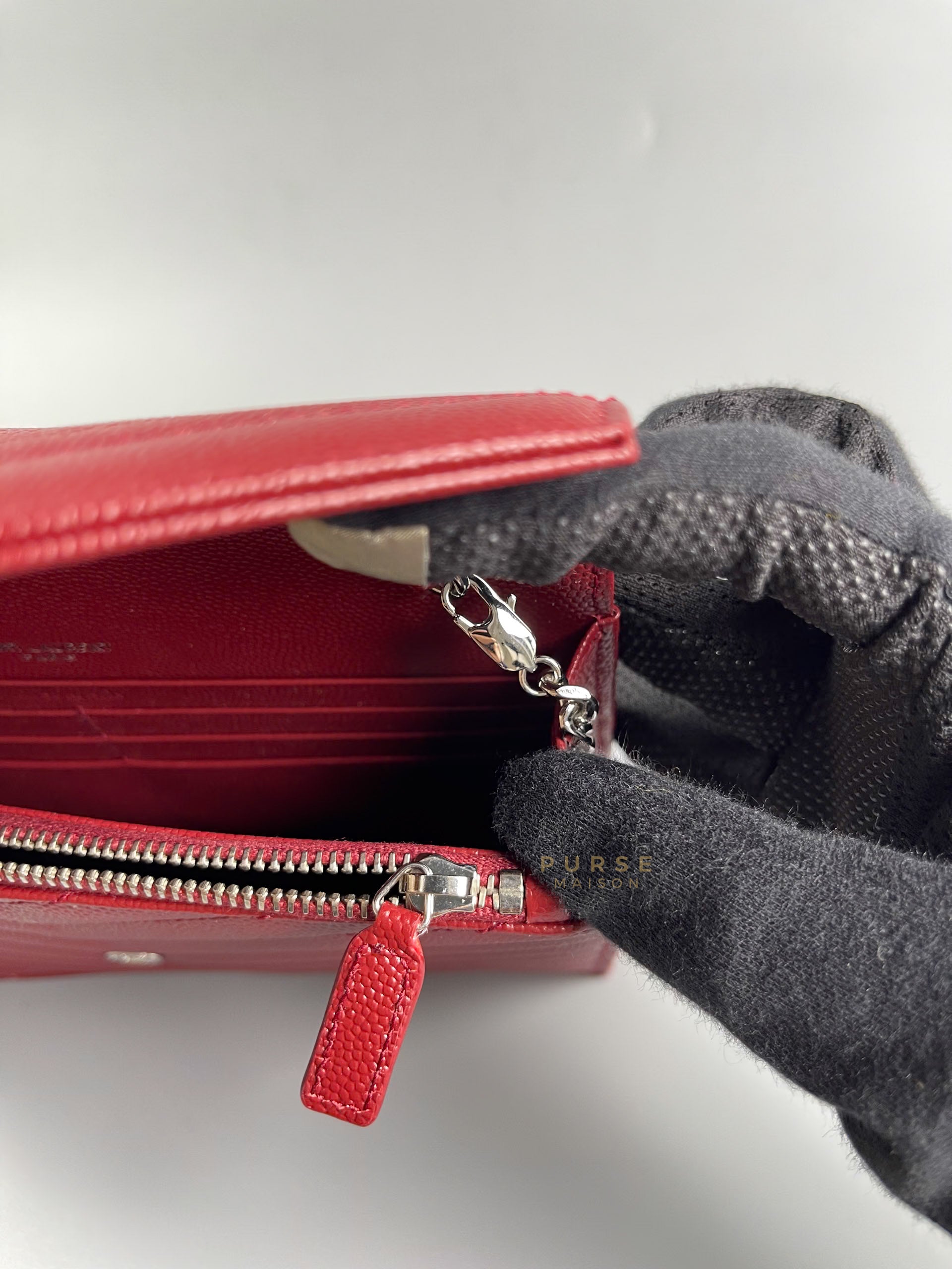 Wallet on Chain Small in Monogram Grain Red Leather and Silver Hardware | Purse Maison Luxury Bags Shop