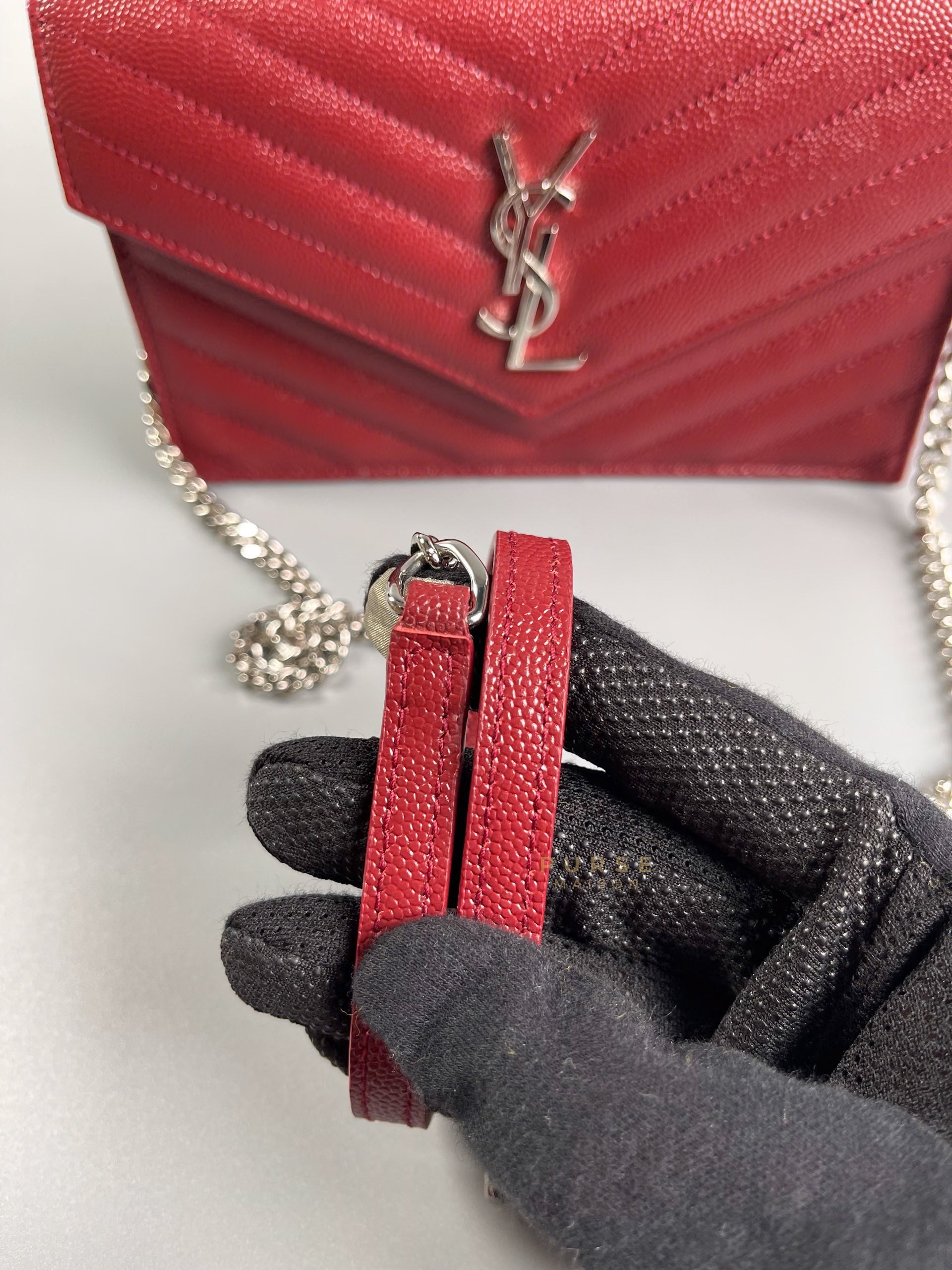 Wallet on Chain Small in Monogram Grain Red Leather and Silver Hardware | Purse Maison Luxury Bags Shop