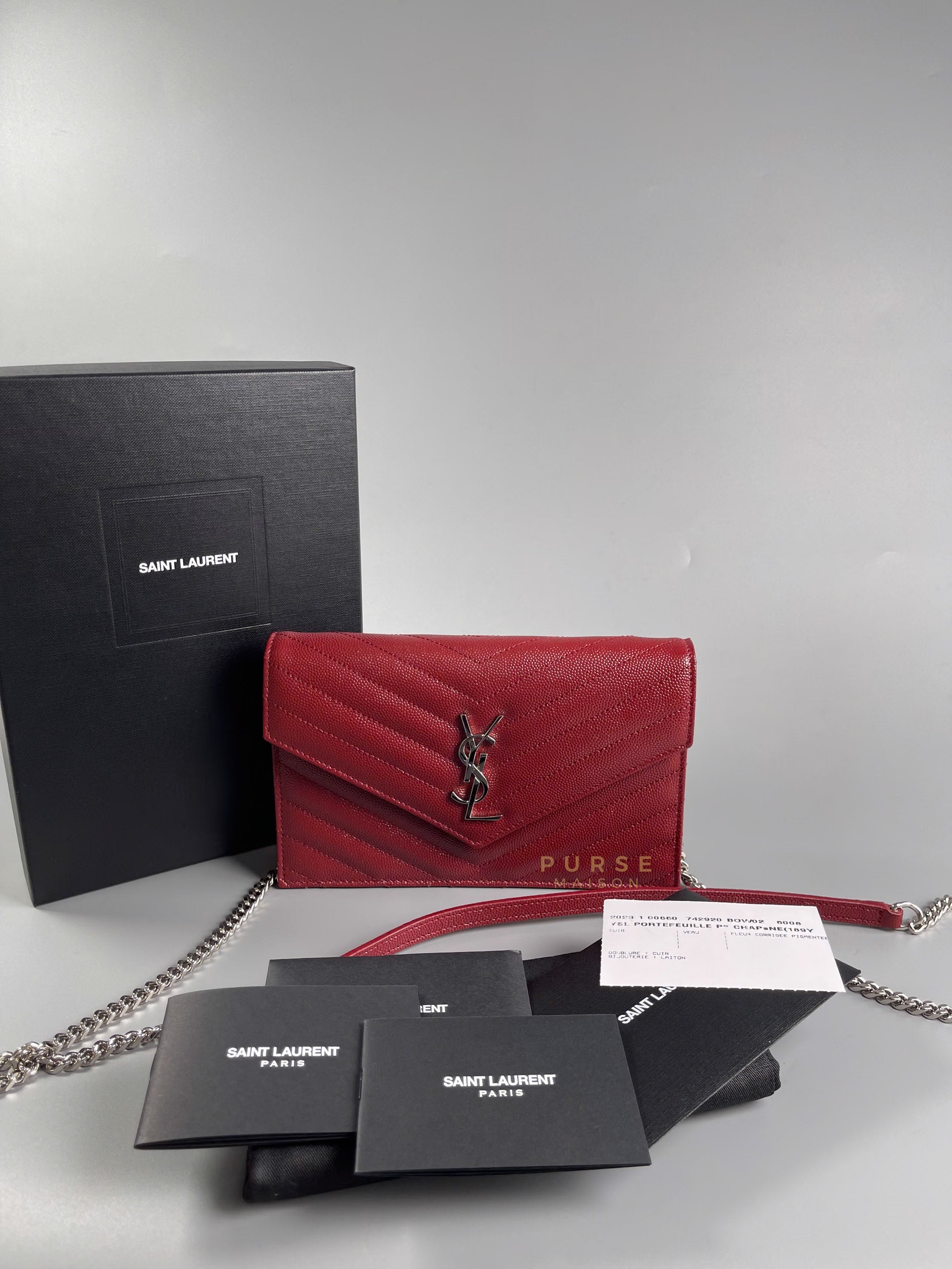 Wallet on Chain Small in Monogram Grain Red Leather and Silver Hardware | Purse Maison Luxury Bags Shop