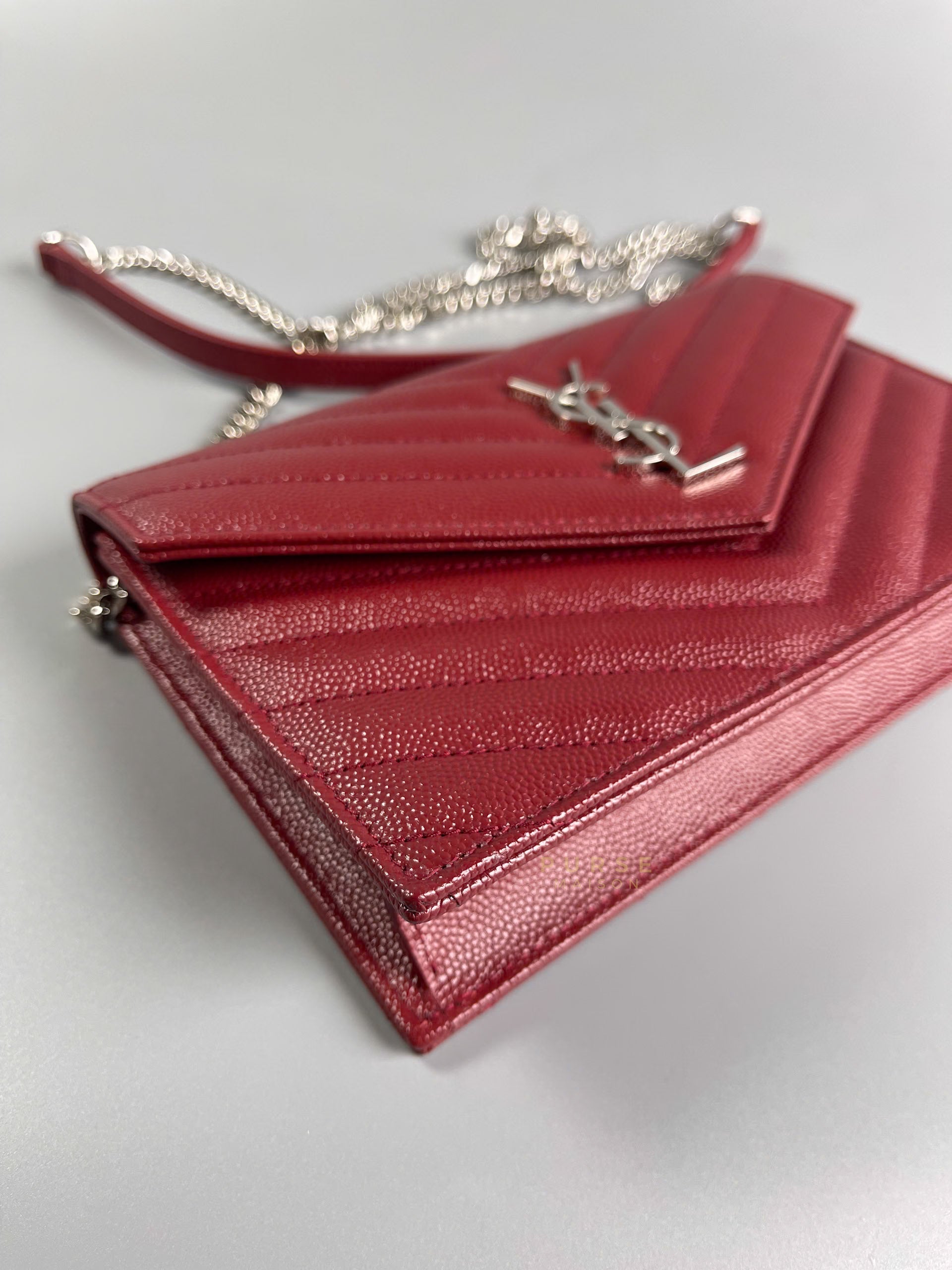 Wallet on Chain Small in Monogram Grain Red Leather and Silver Hardware | Purse Maison Luxury Bags Shop