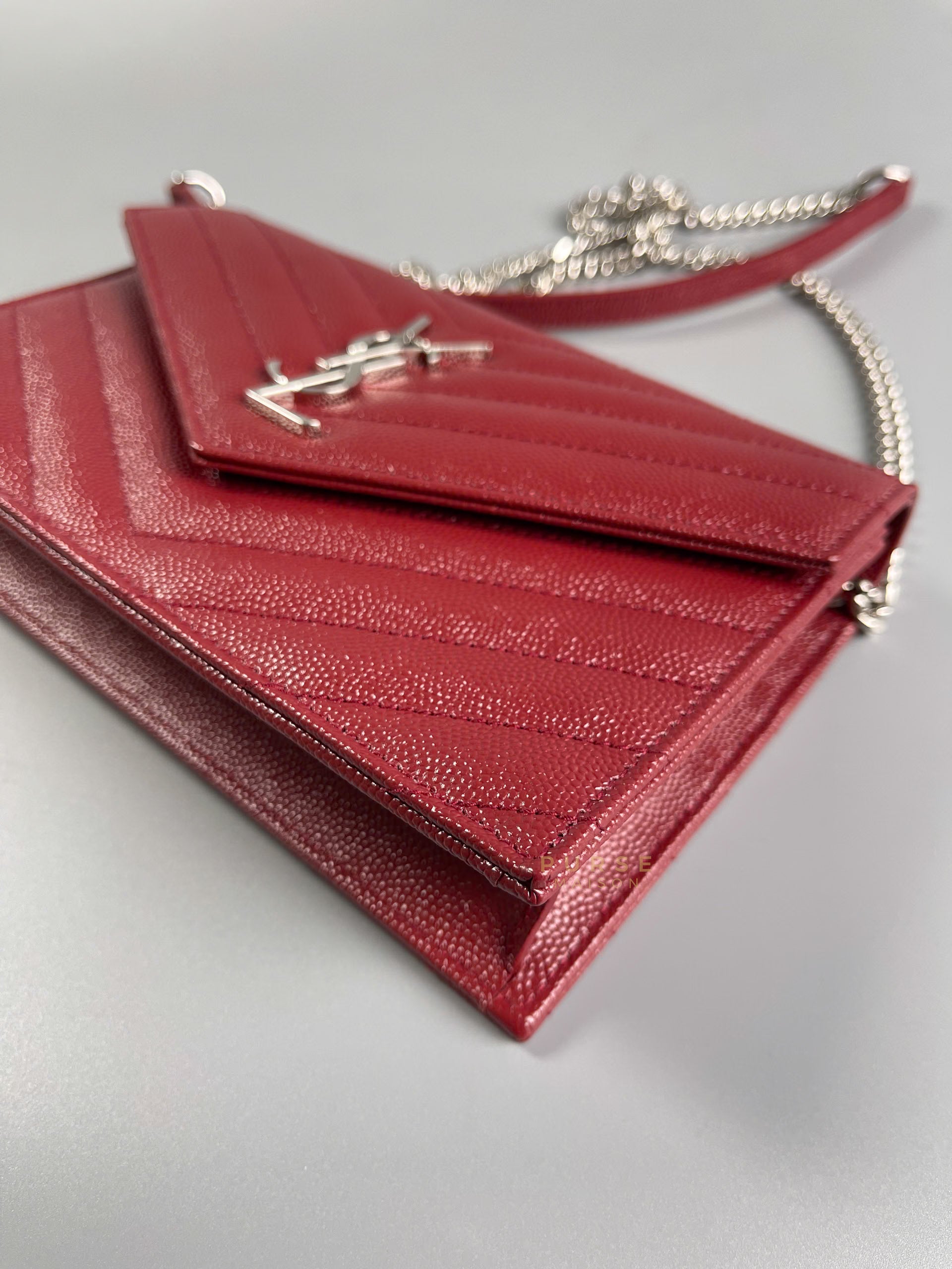 Wallet on Chain Small in Monogram Grain Red Leather and Silver Hardware | Purse Maison Luxury Bags Shop