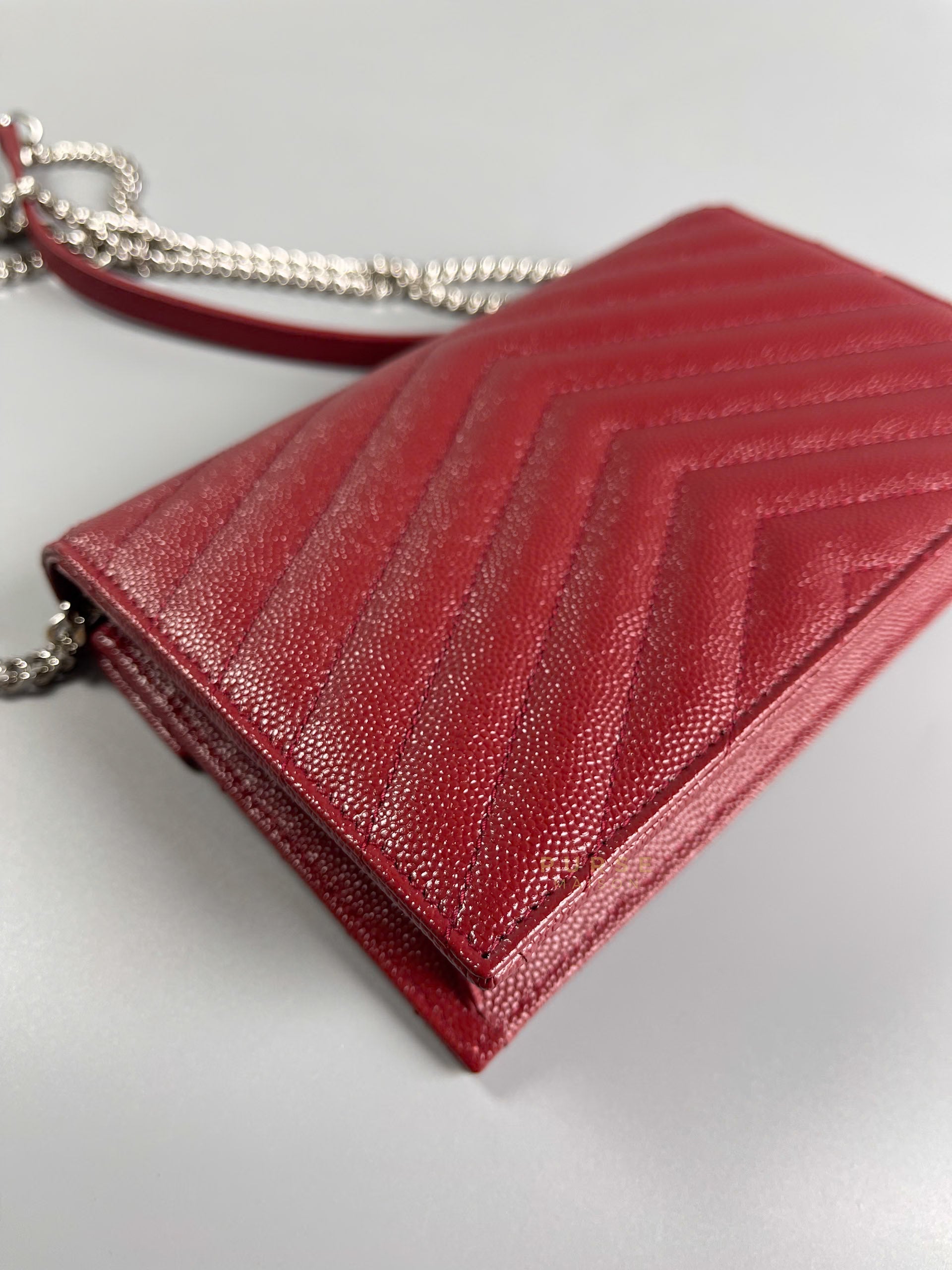 Wallet on Chain Small in Monogram Grain Red Leather and Silver Hardware | Purse Maison Luxury Bags Shop