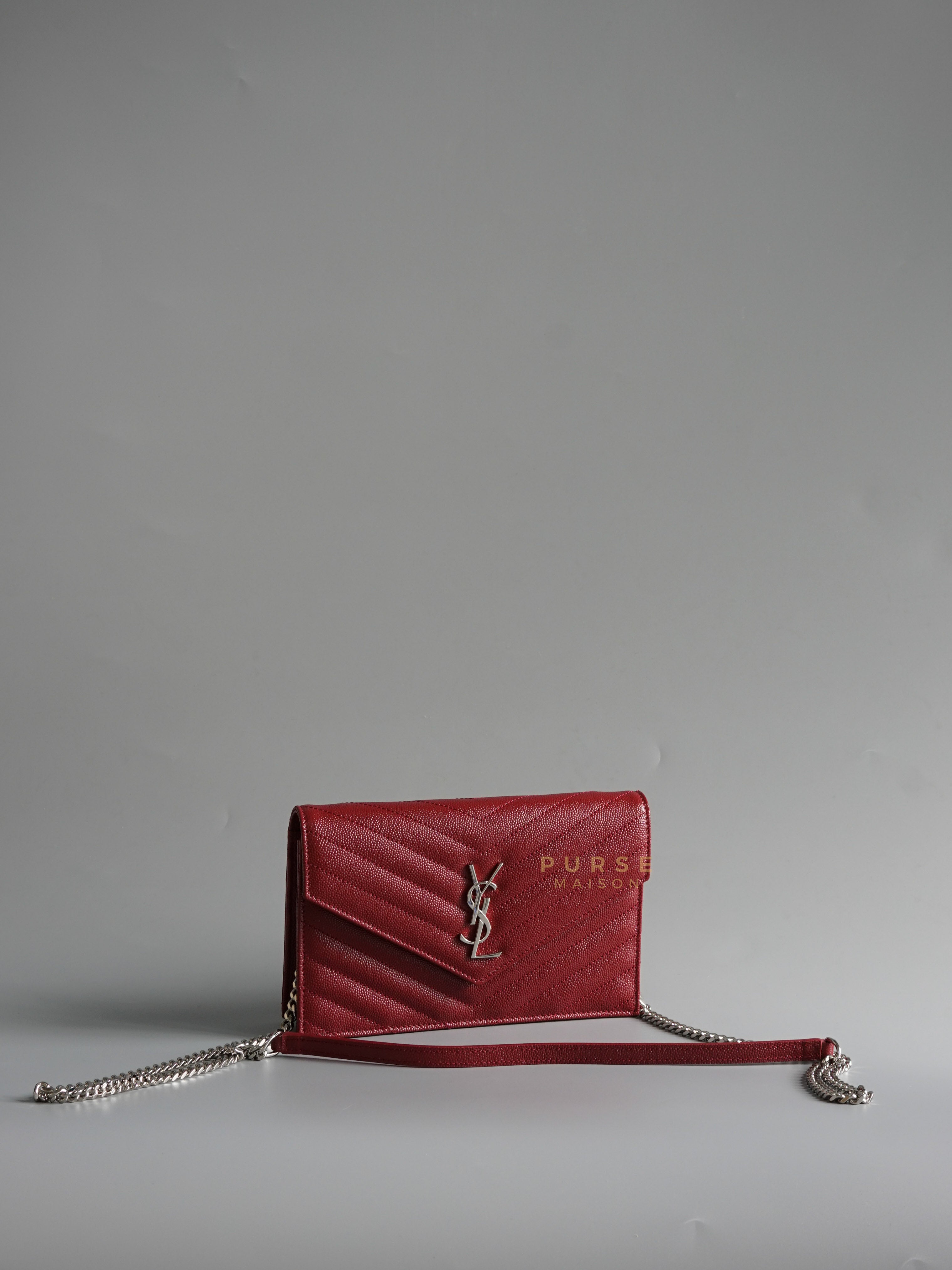 Wallet on Chain Small in Monogram Grain Red Leather and Silver Hardware | Purse Maison Luxury Bags Shop