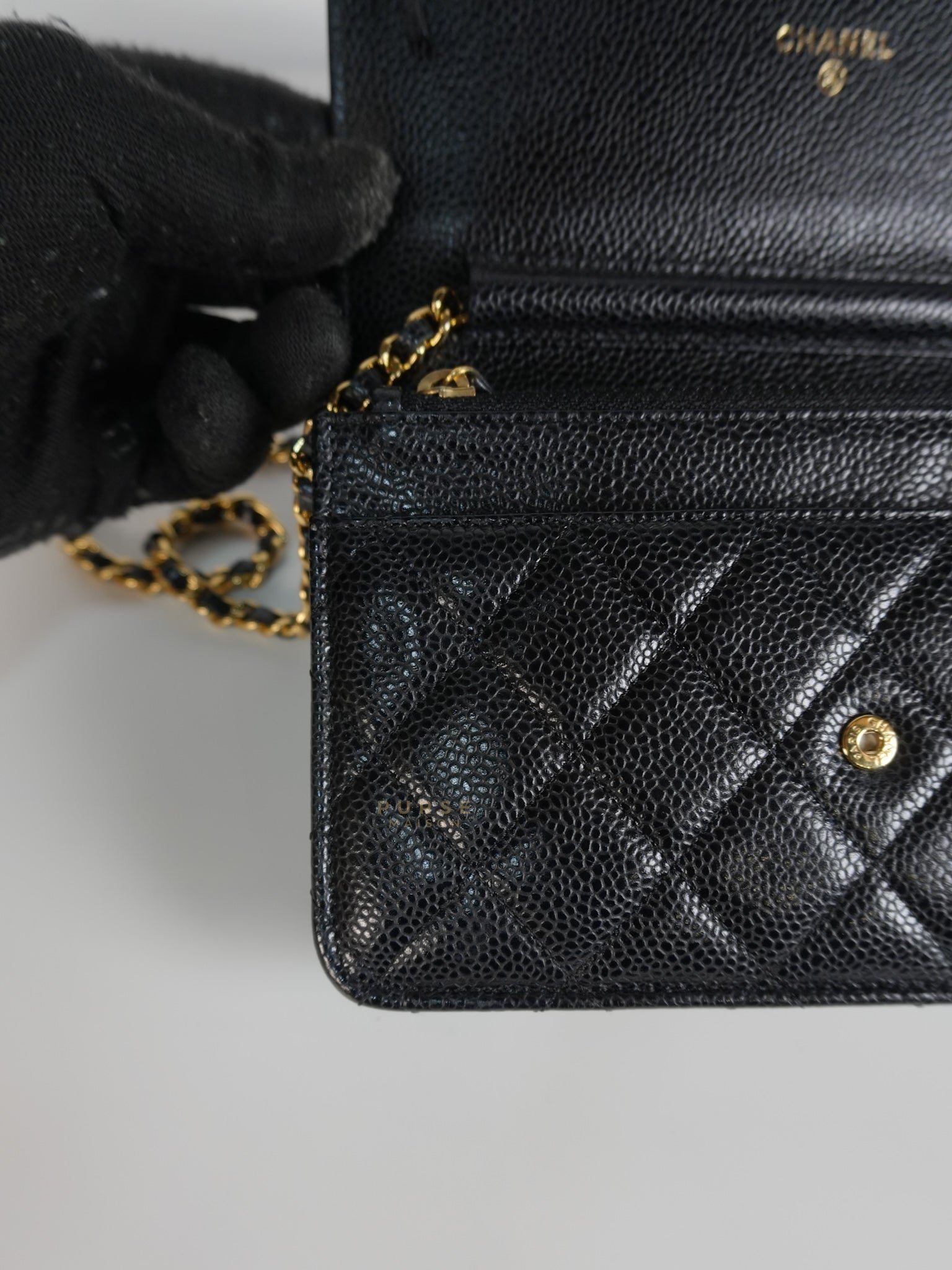 Wallet on Chain WOC Black Caviar Leather in Gold Hardware Series 18 | Purse Maison Luxury Bags Shop
