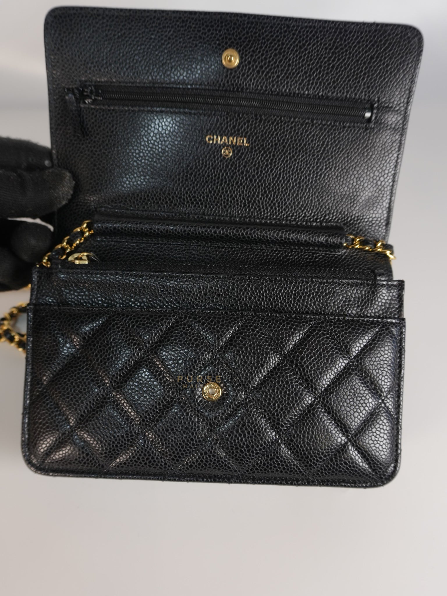 Wallet on Chain WOC Black Caviar Leather in Gold Hardware Series 18 | Purse Maison Luxury Bags Shop