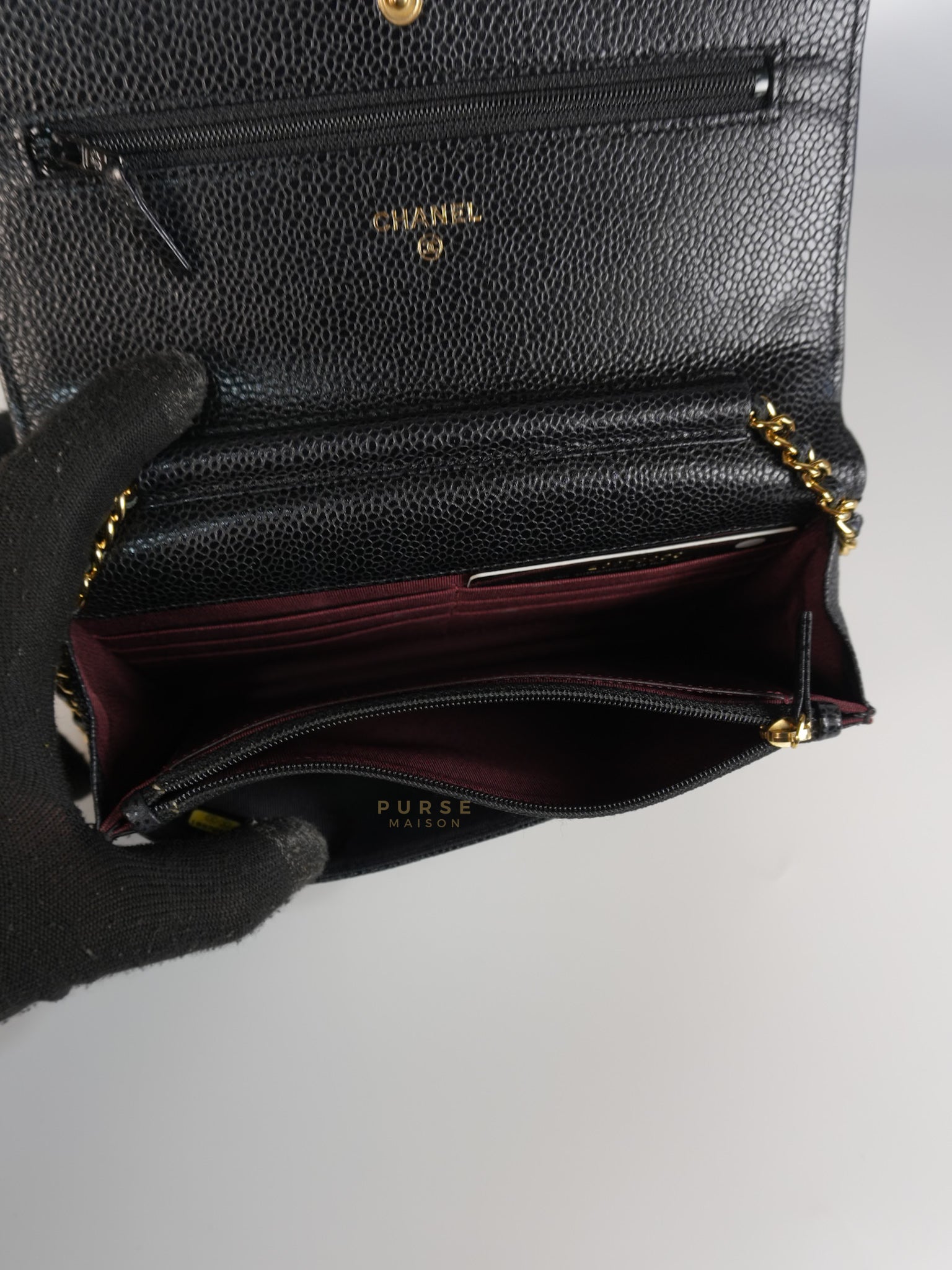 Wallet on Chain WOC Black Caviar Leather in Gold Hardware Series 18 | Purse Maison Luxury Bags Shop