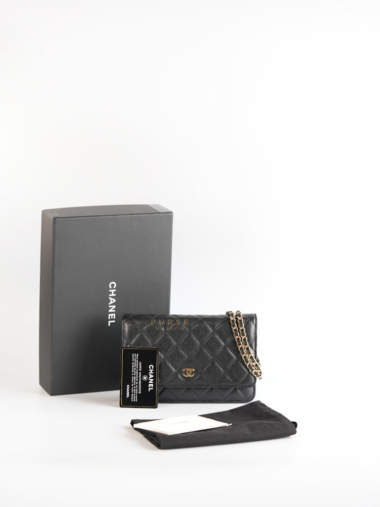 Wallet on Chain WOC Black Caviar Leather in Gold Hardware Series 18 | Purse Maison Luxury Bags Shop