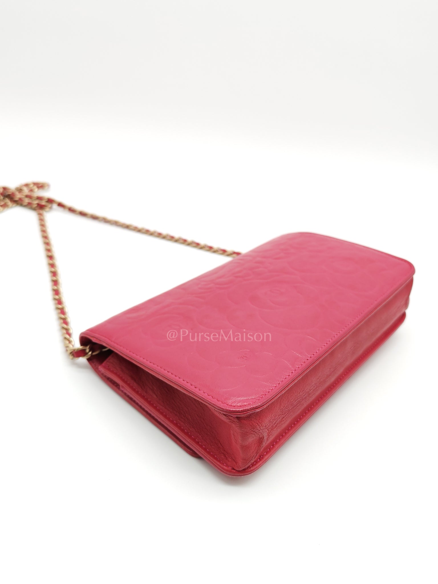Wallet On Chain (WOC) Camellia Flap Fuchsia Calfskin and Aged Gold Hardware Series 16 | Purse Maison Luxury Bags Shop