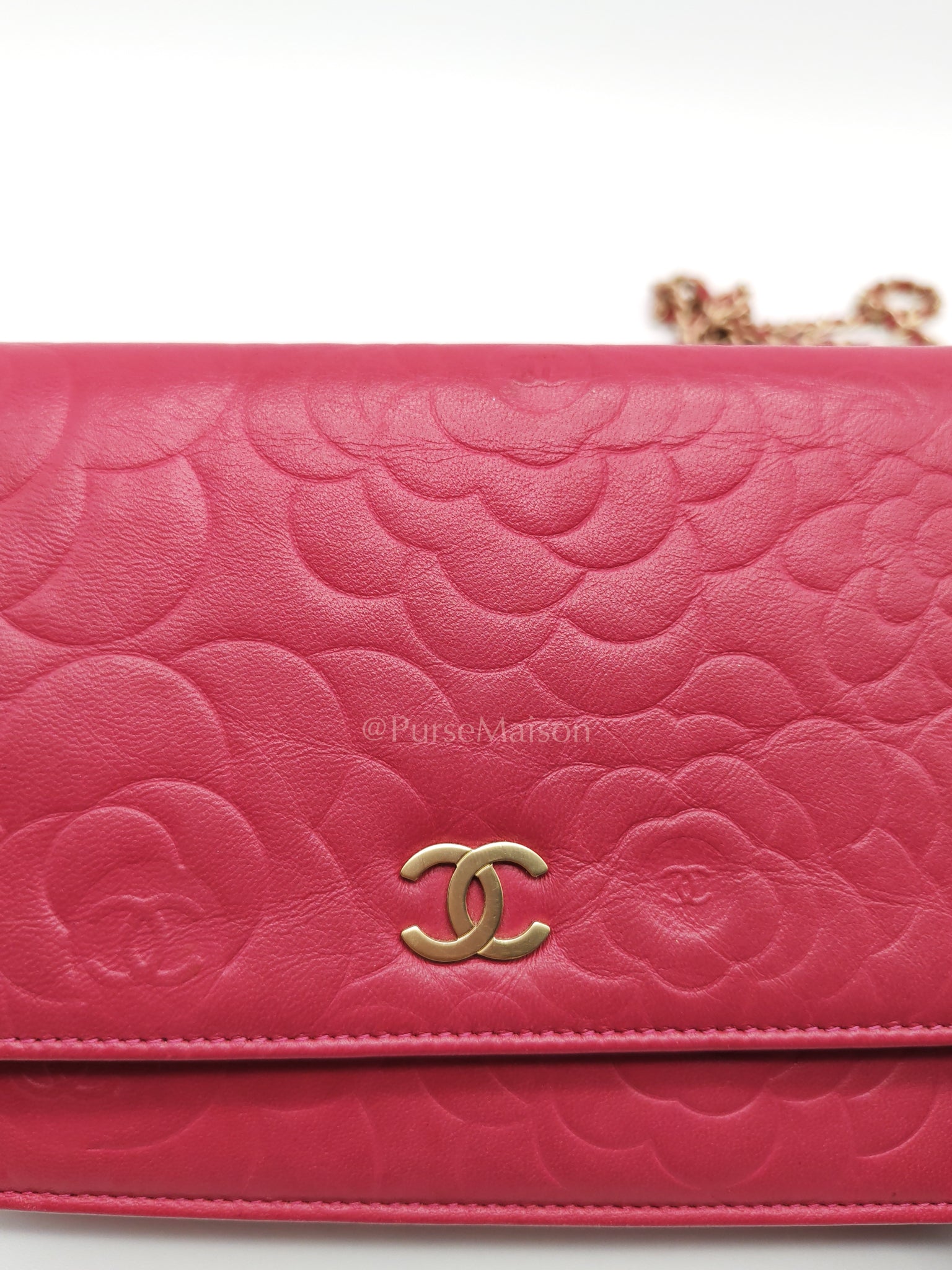 Wallet On Chain (WOC) Camellia Flap Fuchsia Calfskin and Aged Gold Hardware Series 16 | Purse Maison Luxury Bags Shop