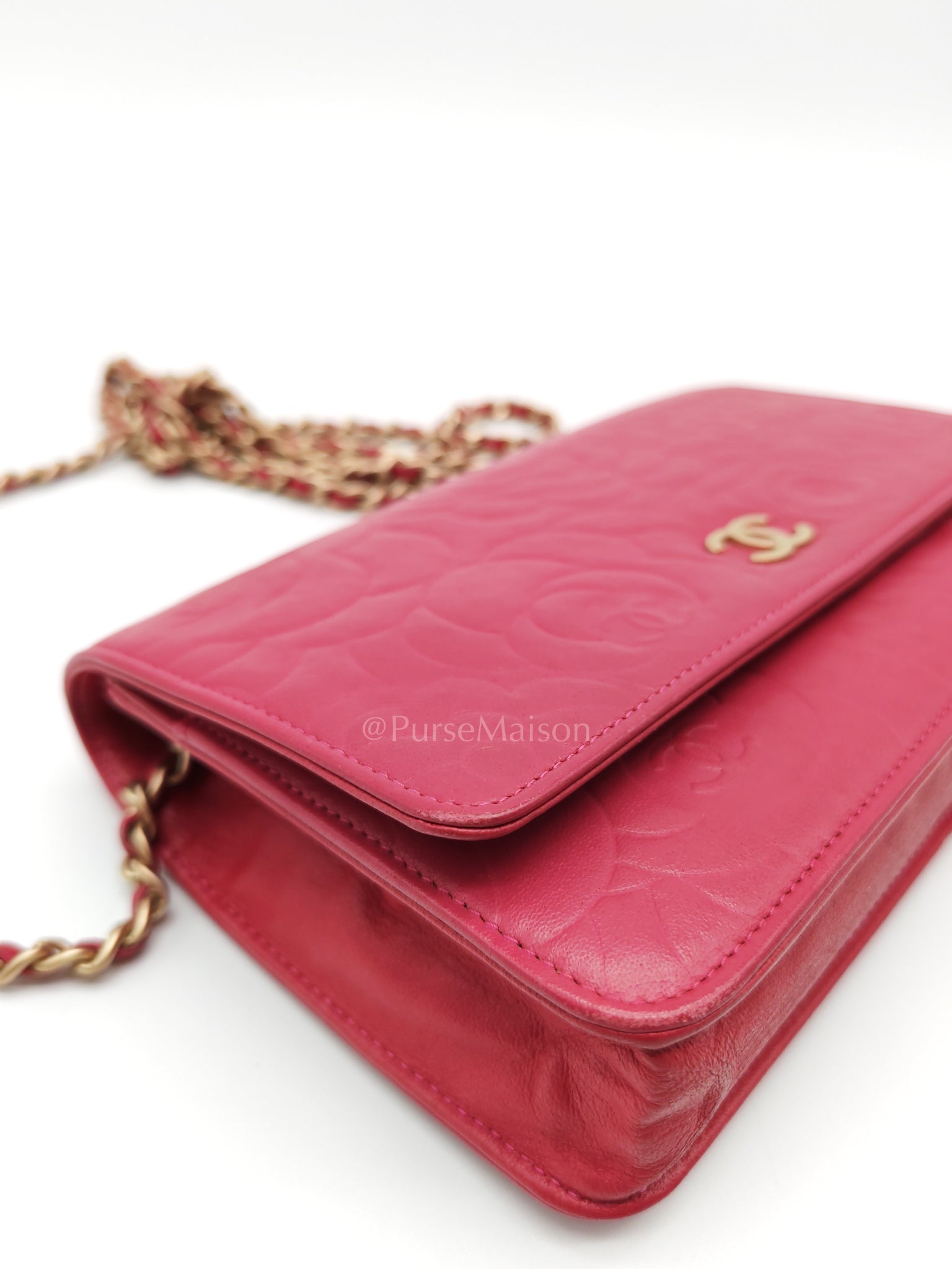 Wallet On Chain (WOC) Camellia Flap Fuchsia Calfskin and Aged Gold Hardware Series 16 | Purse Maison Luxury Bags Shop