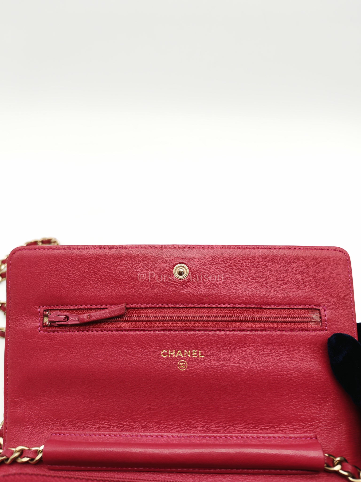 Wallet On Chain (WOC) Camellia Flap Fuchsia Calfskin and Aged Gold Hardware Series 16 | Purse Maison Luxury Bags Shop