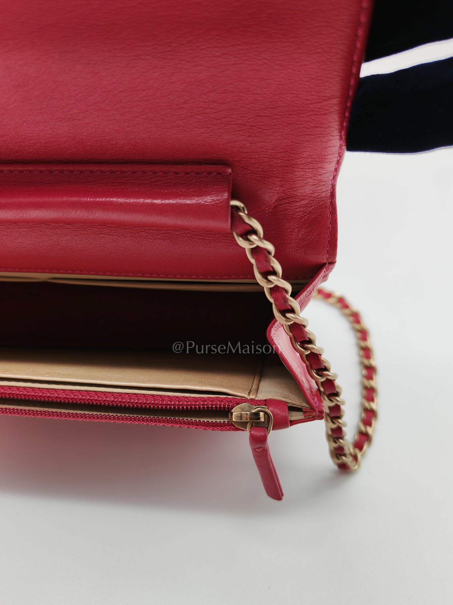 Wallet On Chain (WOC) Camellia Flap Fuchsia Calfskin and Aged Gold Hardware Series 16 | Purse Maison Luxury Bags Shop