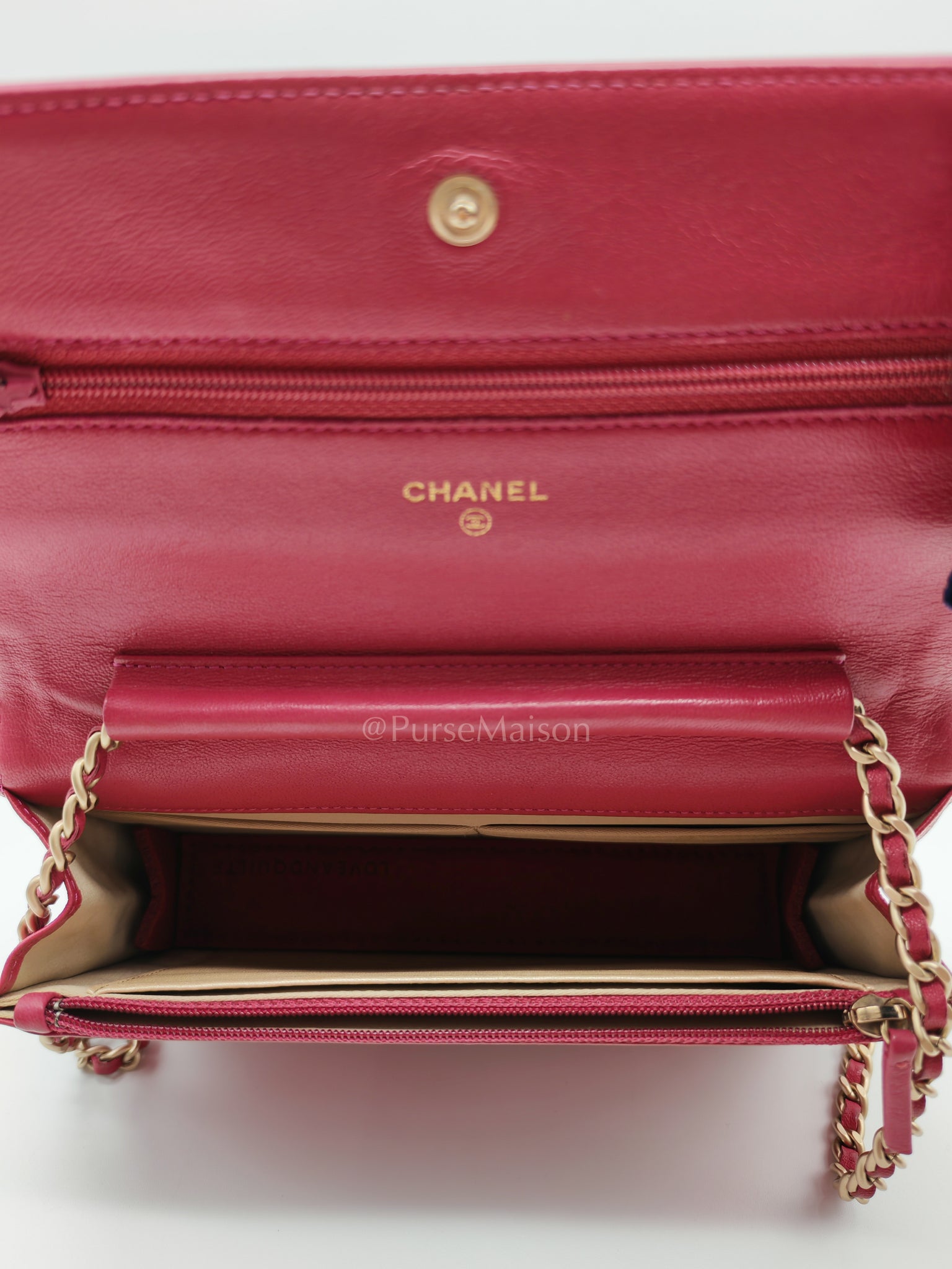 Wallet On Chain (WOC) Camellia Flap Fuchsia Calfskin and Aged Gold Hardware Series 16 | Purse Maison Luxury Bags Shop