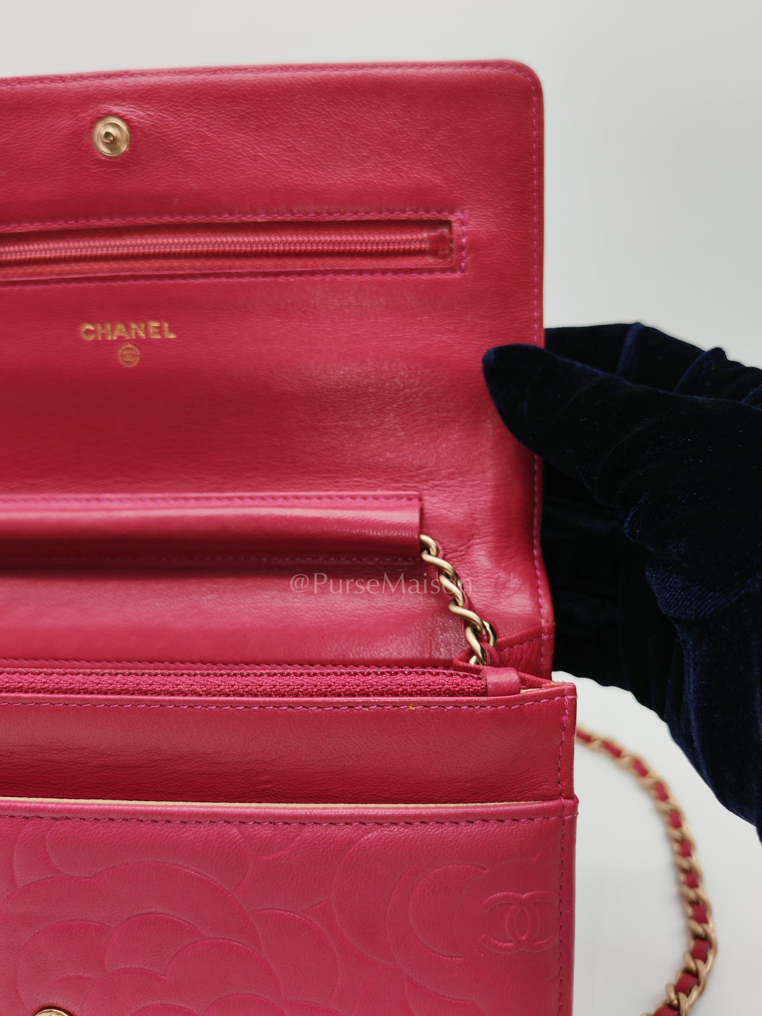 Wallet On Chain (WOC) Camellia Flap Fuchsia Calfskin and Aged Gold Hardware Series 16 | Purse Maison Luxury Bags Shop