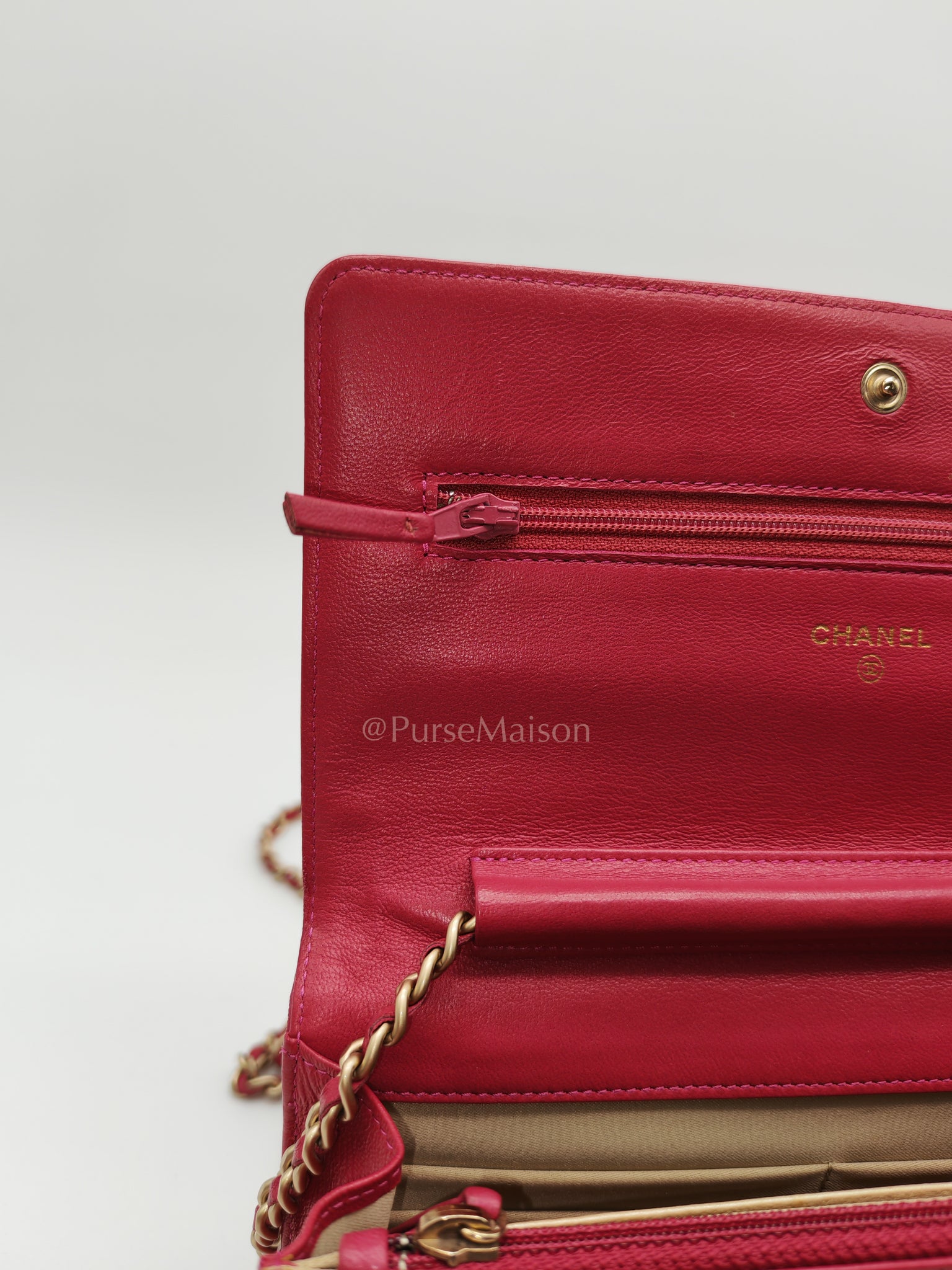 Wallet On Chain (WOC) Camellia Flap Fuchsia Calfskin and Aged Gold Hardware Series 16 | Purse Maison Luxury Bags Shop
