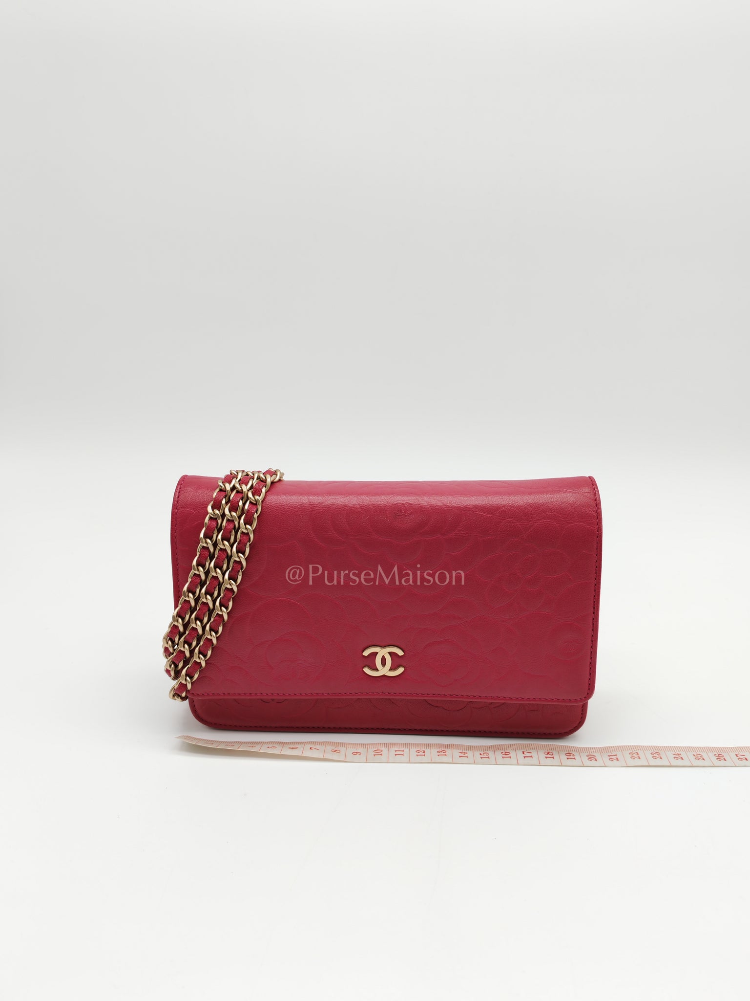 Wallet On Chain (WOC) Camellia Flap Fuchsia Calfskin and Aged Gold Hardware Series 16 | Purse Maison Luxury Bags Shop